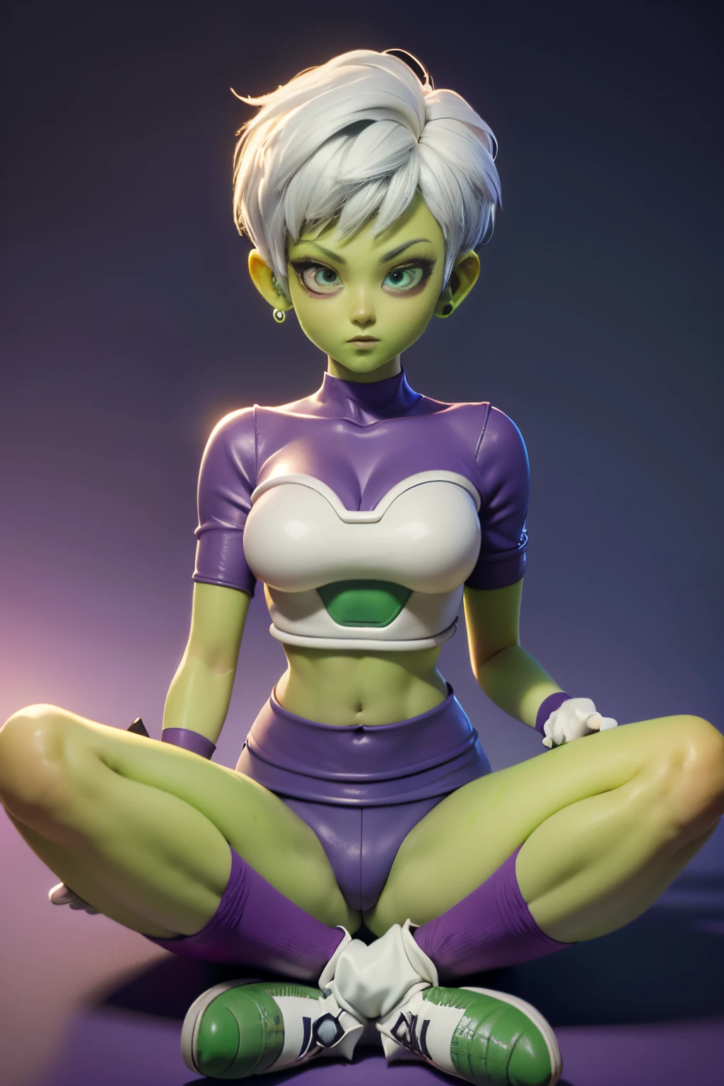 Masterpiece, full detailed, hd, 8k, 3dmm, 3d rendering, !(Cheelai is a female character from Dragon Ball Super she is a !(((girl with green skin))) and short white hair. His eyes are purple and he wears a blue scanner in his left ear. Her outfit consists of a purple and white suit that exposes her navel and part of her chest. He also wears white gloves, green boots, and long purple socks. Its appearance is very attractive and youthful )