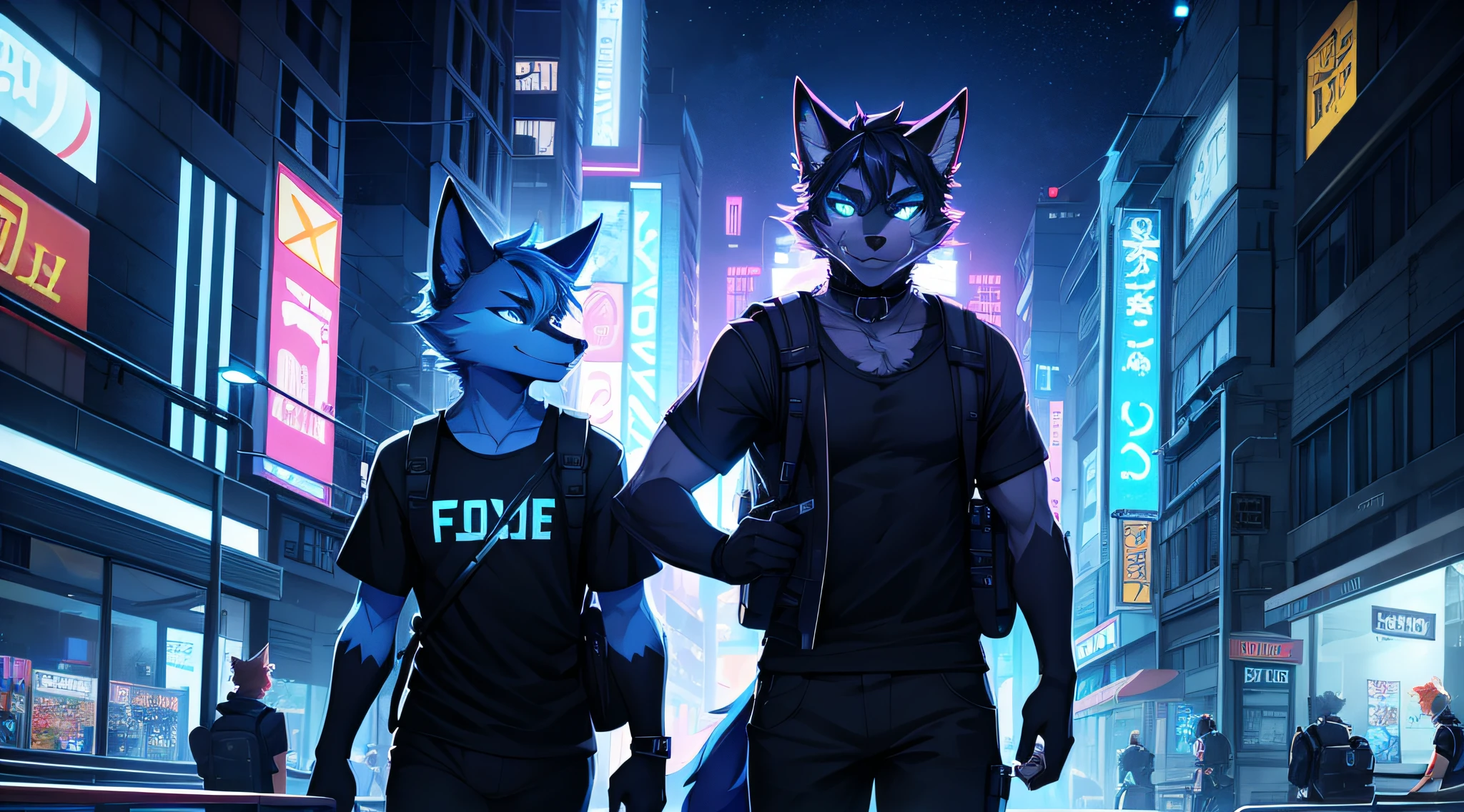 (cyber punk perssonage)Dark blue fur fox handsome face city night scene black glowing T-shirt backpack