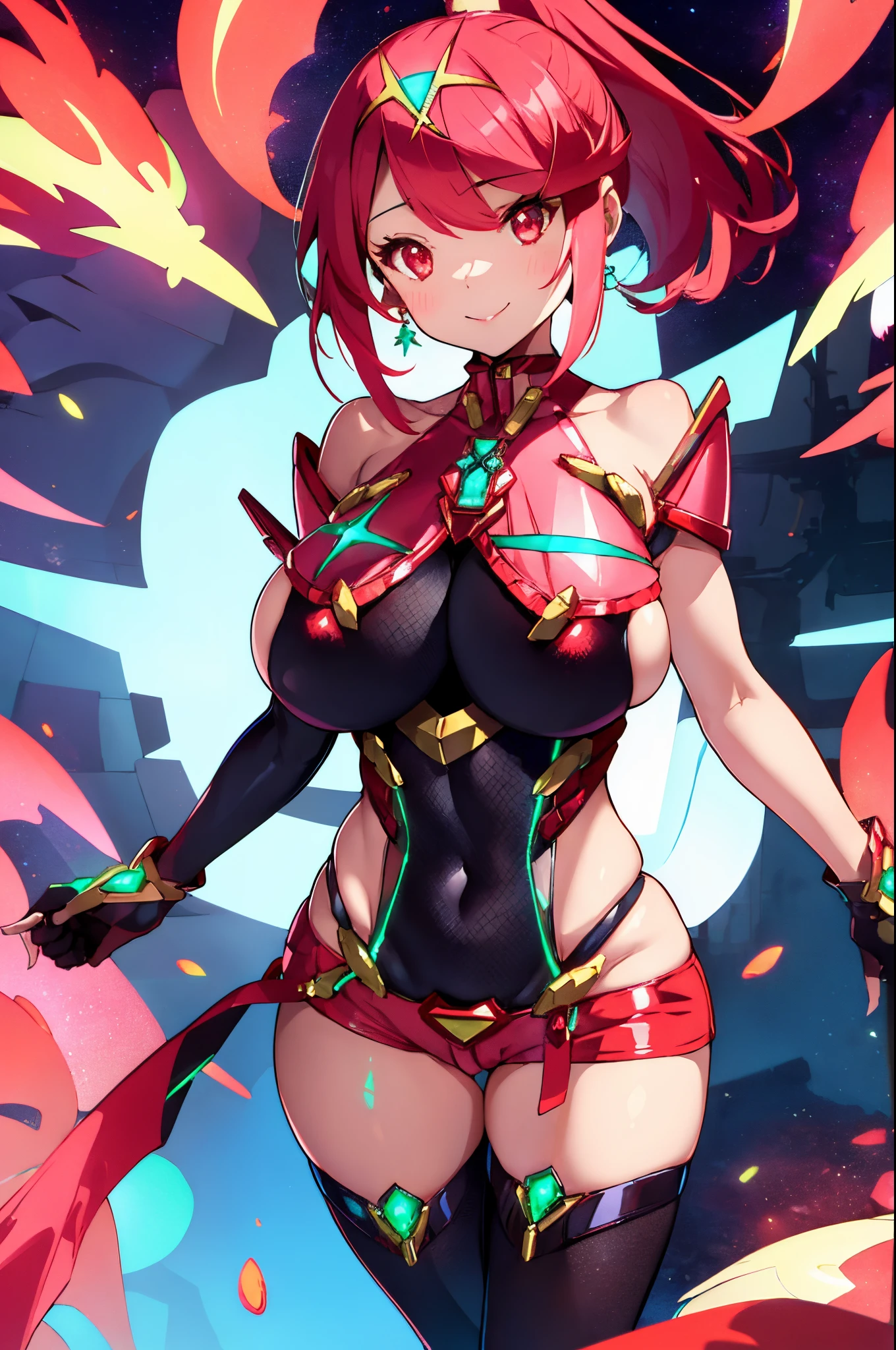 pyra \(xenoblade\), _1girl, lolings, black gloves, breasts, red eyes, shout, earrings, eyelashes, fingerless gloves, floating hair, , gem, gloves, hair ornament, headpiece, jewelry, gigantic_breasts, leaning back, swimsuit, neon trim, official art, pose, red hair, saitou masatsugu, short hair, sidelocks, skin tight, solo, swept bangs, thighhighs, tiara, fantasy_town_background, underbust, xenoblade chronicles \(series\), (xenoblade chronicles 2), (spread_legs:1.1), fire_effect,dynamic_pose,fighting,light_smile, (plump:1.1), big_ass,huge_sword, hold_large_sword_hilt, covered_nipples, covered_pussy, fists,ponytail,beautiful_fingers,(solo:1.1), bare_shoulder,(shoulder_naked:1.2), nipple_jewel,back, back_view, focus_ass,ass, (very_short_shorts:1.3),(lise_leg:1.4)