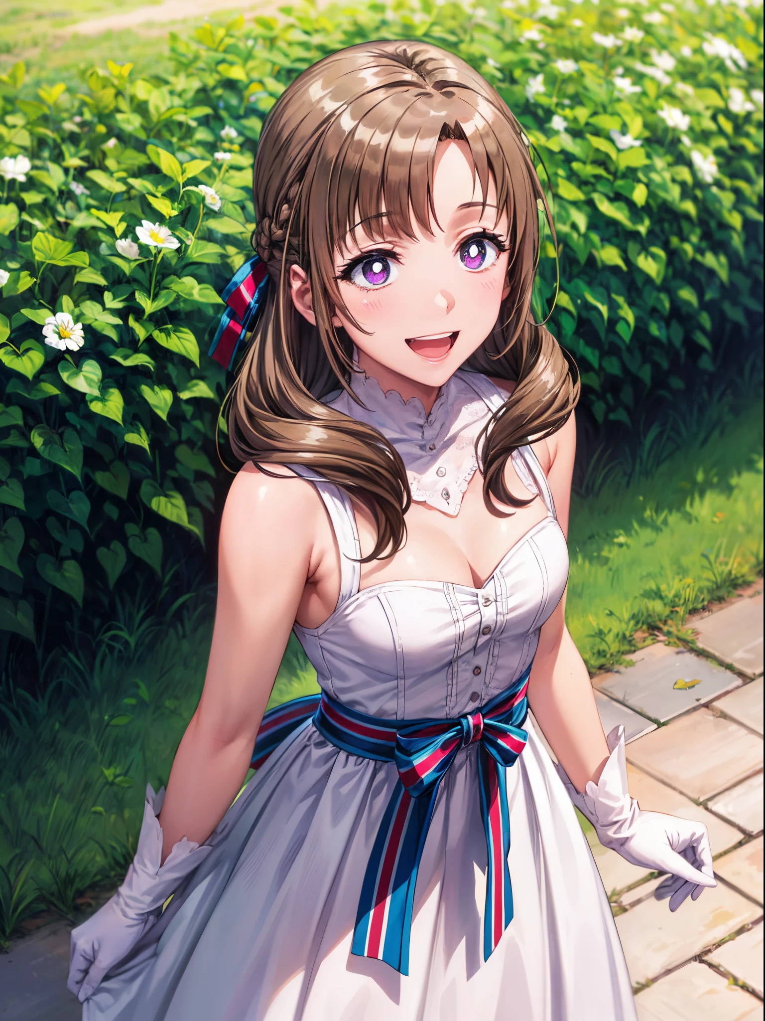 top-quality、 [3D images:1.15],hight resolution、Best Quality, High resolution, front-facing view、1girl in, small tits、Beautiful face, Smile, mamako_oosuki, Long hair, Brown hair, Purple eyes, maturefemale, Bright pupils, bow ribbon, White Gloves, White Dress, cleavage, tussock, absolute reference to center