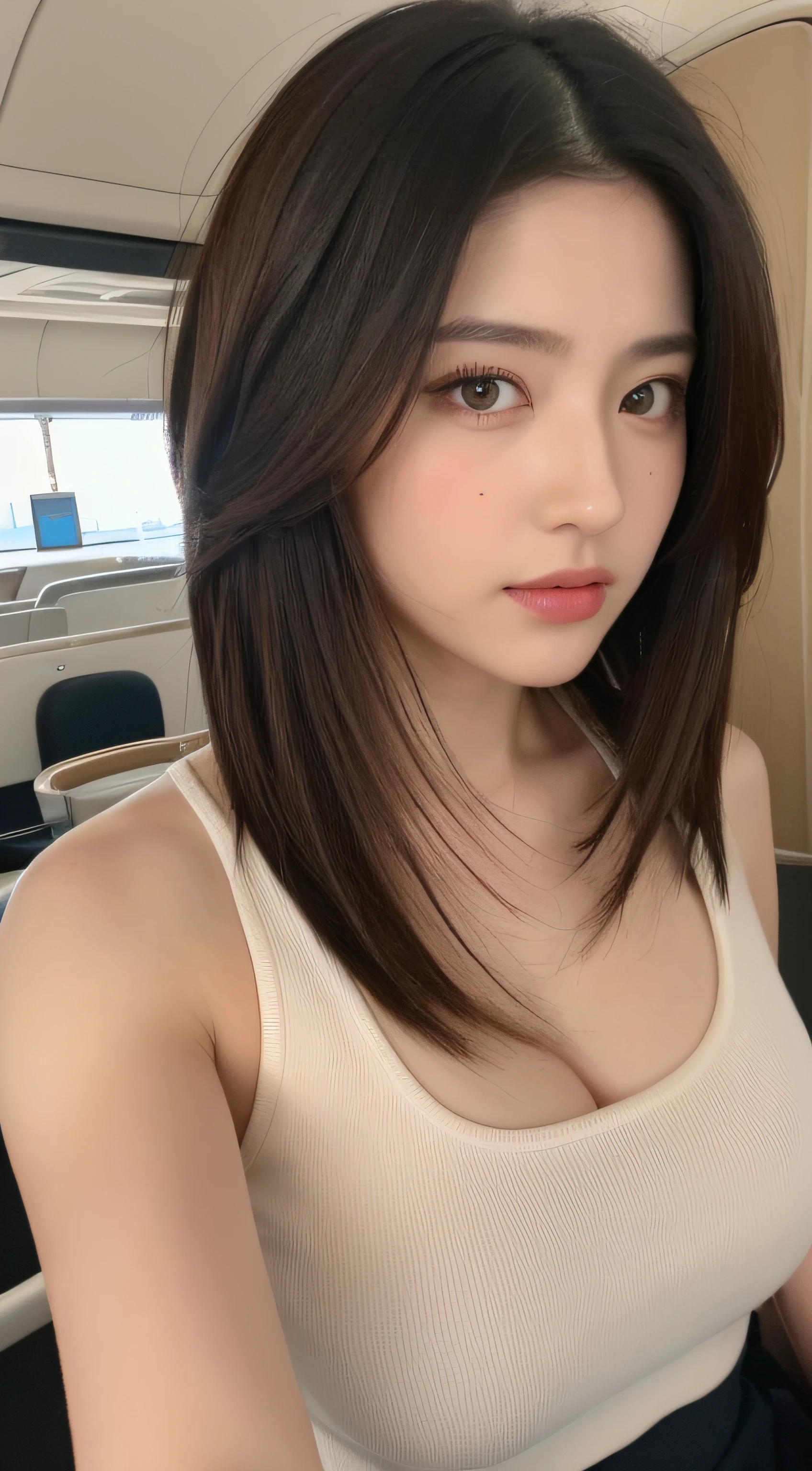 ((Best quality, 8k, Masterpiece :1.3)), Sharp focus:1.2, Perfect Body Beauty:1.4, Slim Abs:1.2, ((Layered hairstyle, Big breasts:1.2)), (Tank top shirt:1.1 ), (Street:1.2), Highly detailed face and skin texture, Fine eyes, Double eyelids, Seduction, short skirt, flight attendant, long brown hair, office chair, hip skirt, Big breasts do not leak points, high-definition facial features, 8K