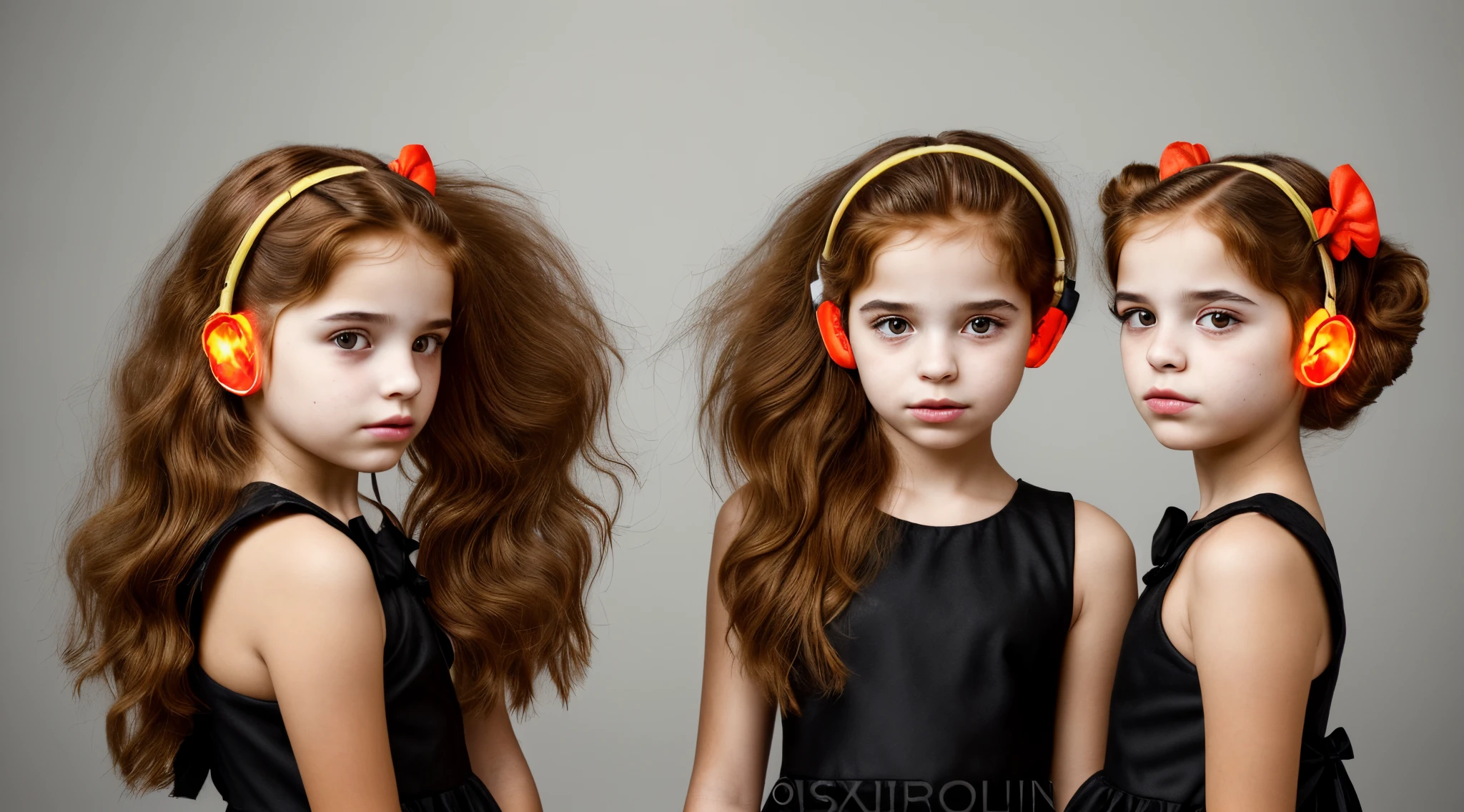 two girls with bows on their heads and one wearing a BLACK dress, HEADPHONES FIRE AND FIRE. gemini twins portrait, faixa de cabelo AMARELO,