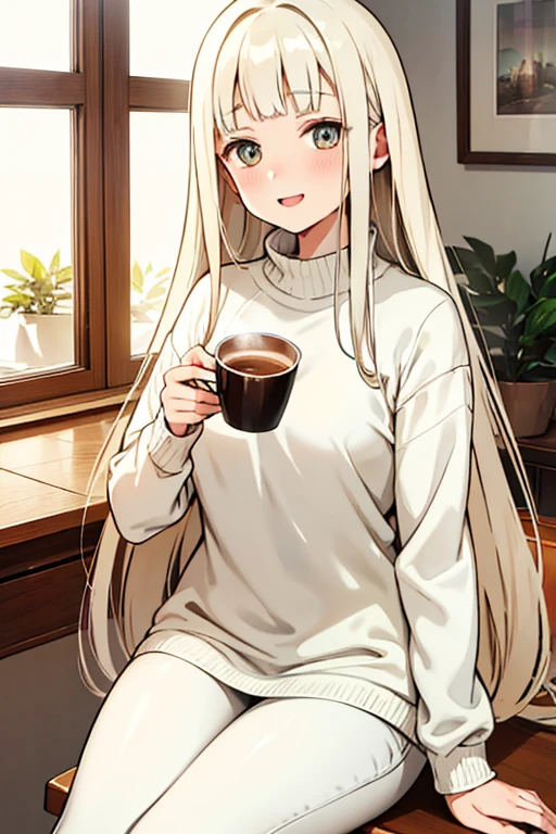 Slim and petite young woman with long yellow hair and light-colored eyes, wearing a white wool sweater with intricate details and casual pants, donning flats. She is seated at the kitchen table, enjoying a cup of coffee with toast. Captivating smile, gentle curves in her body.