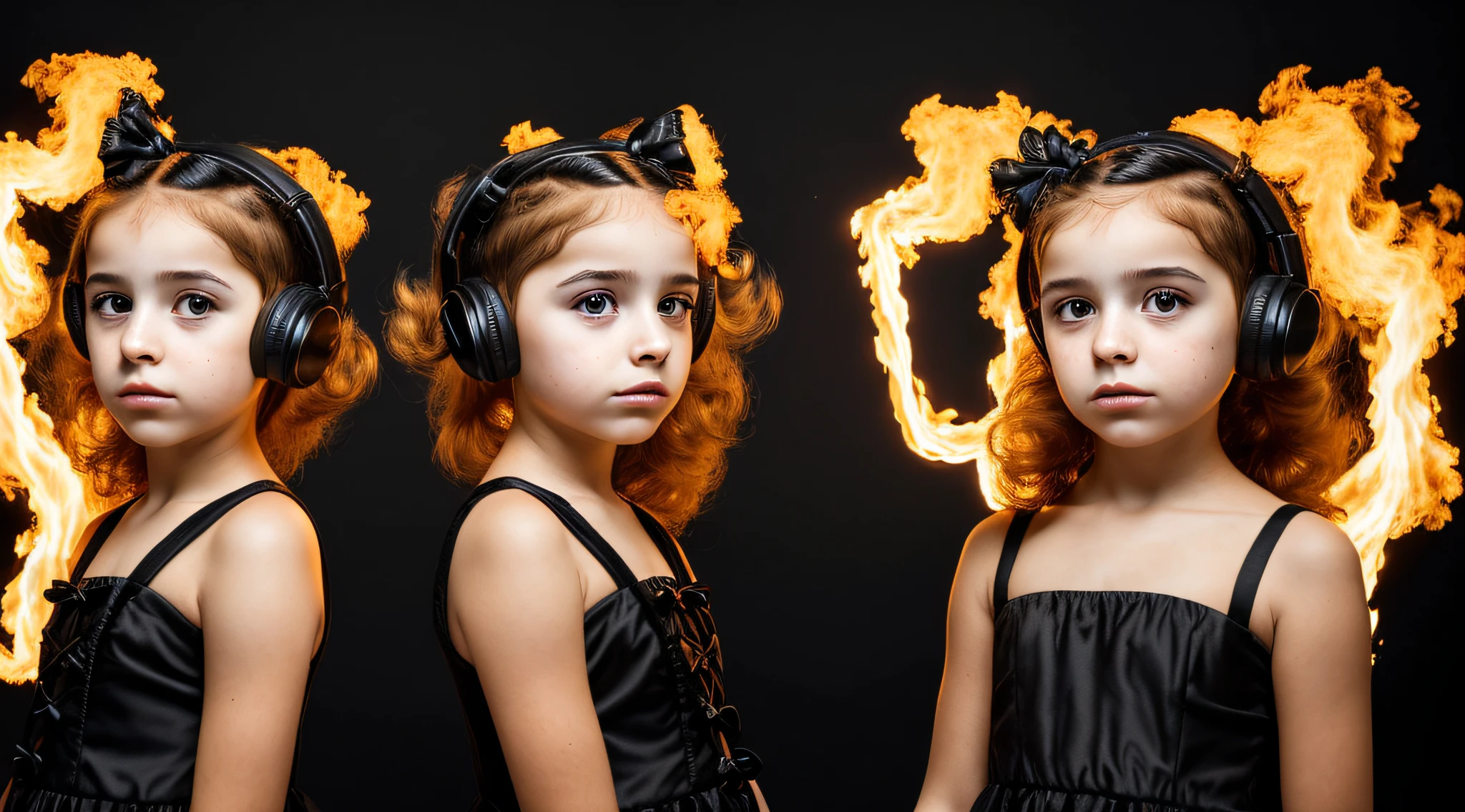 two girls with bows on their heads and one wearing a BLACK dress, HEADPHONES FIRE AND FIRE. gemini twins portrait, faixa de cabelo AMARELO,