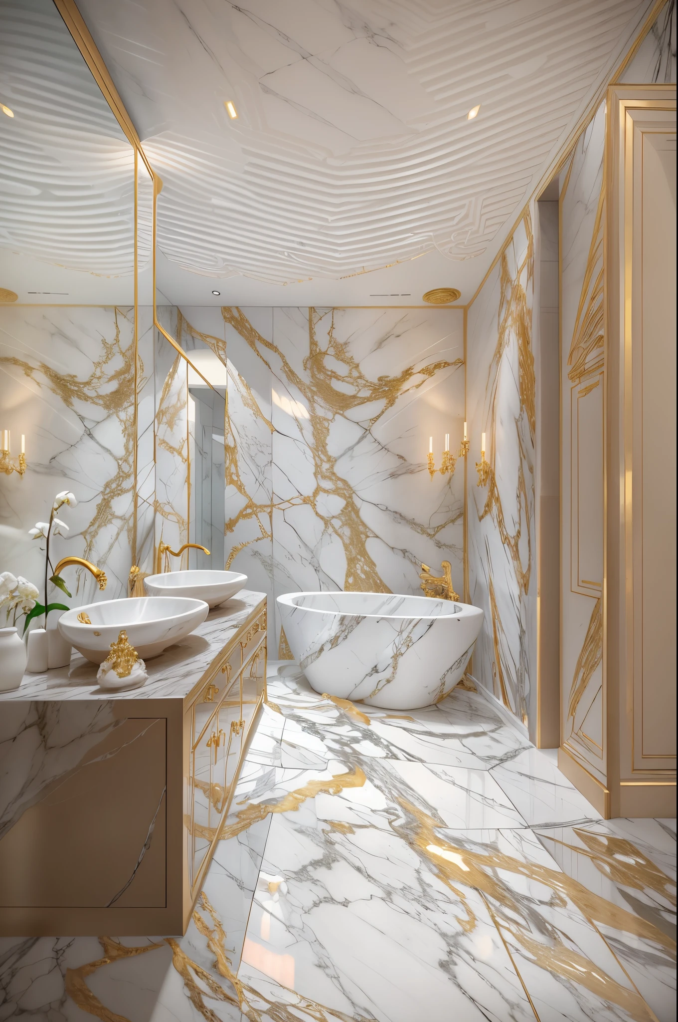 there is a bathroom with a marble floor and a white bathtub, smooth marble surfaces, all marble, white calacatta gold marble, white marble walls, exquisite marble details, marble walls, marble material, marble, marble room, marble slabs, modern bathroom, white marble, heavenly marble, polished white marble, marble floors, gold and luxury materials, greek white marble