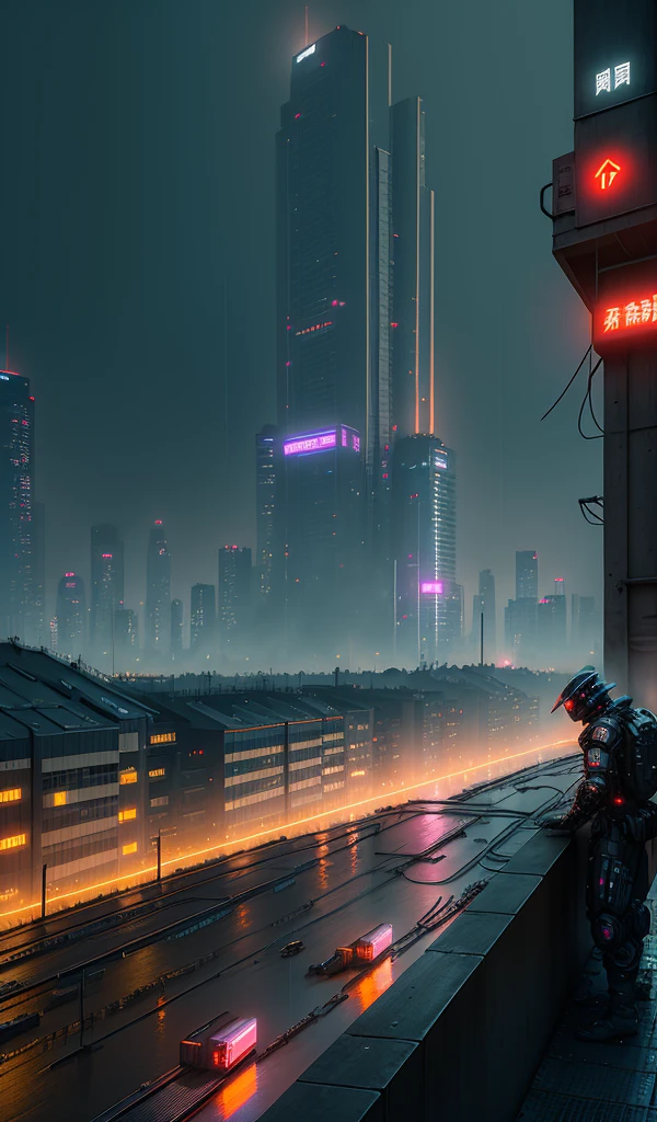 Technologie,Cyberpunk style,arma,locomotive,technologies,network,industry,rained,Ambient,mirai,城市,the night,The cyberpunk city seen from the rooftop railing