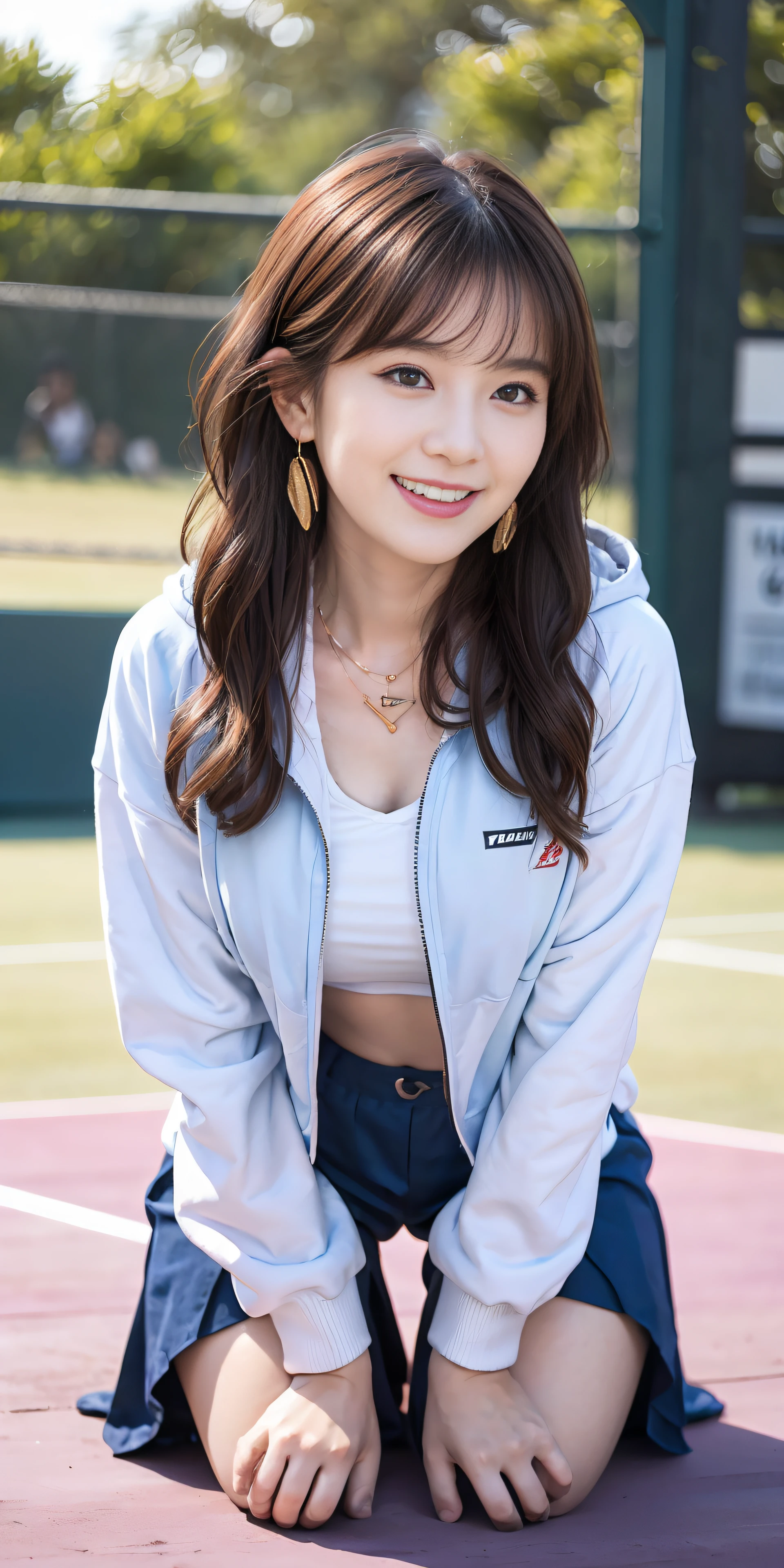 top-quality、Top image quality、masterpiece、25 year old female tennis coach, black middle wavy hair、Puffy nipple、Tennis Wear、(white long inner shirt)、Light blue pants、light pink long sleeve hoodie、Medium milk, soft boob、sitting down on the floor、((all-fours、Get down on both knees))、Shy laughter、sexy hips、stick out buttocks、tennis coat、Shake your head、Big necklace、Cute earrings