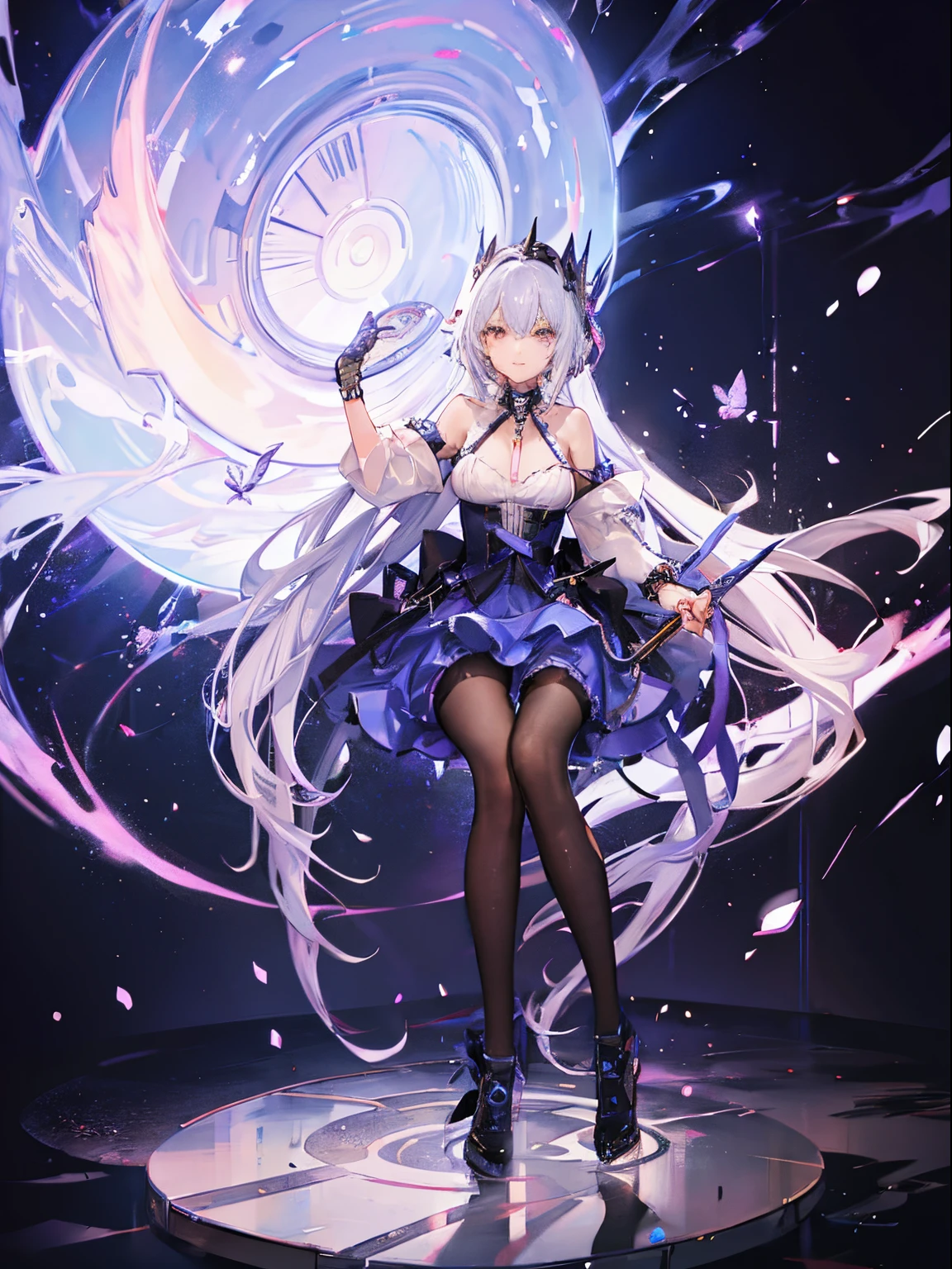 "anime girl, 1 person, silver white hair tied on both sides, light pink purple eyes, wearing cat ear headphones, female shirt, female school uniform, tie, black miniskirt, big breasts, smiling, tights, standing cross-legged, side view,solo (full HD 4K+ image)"