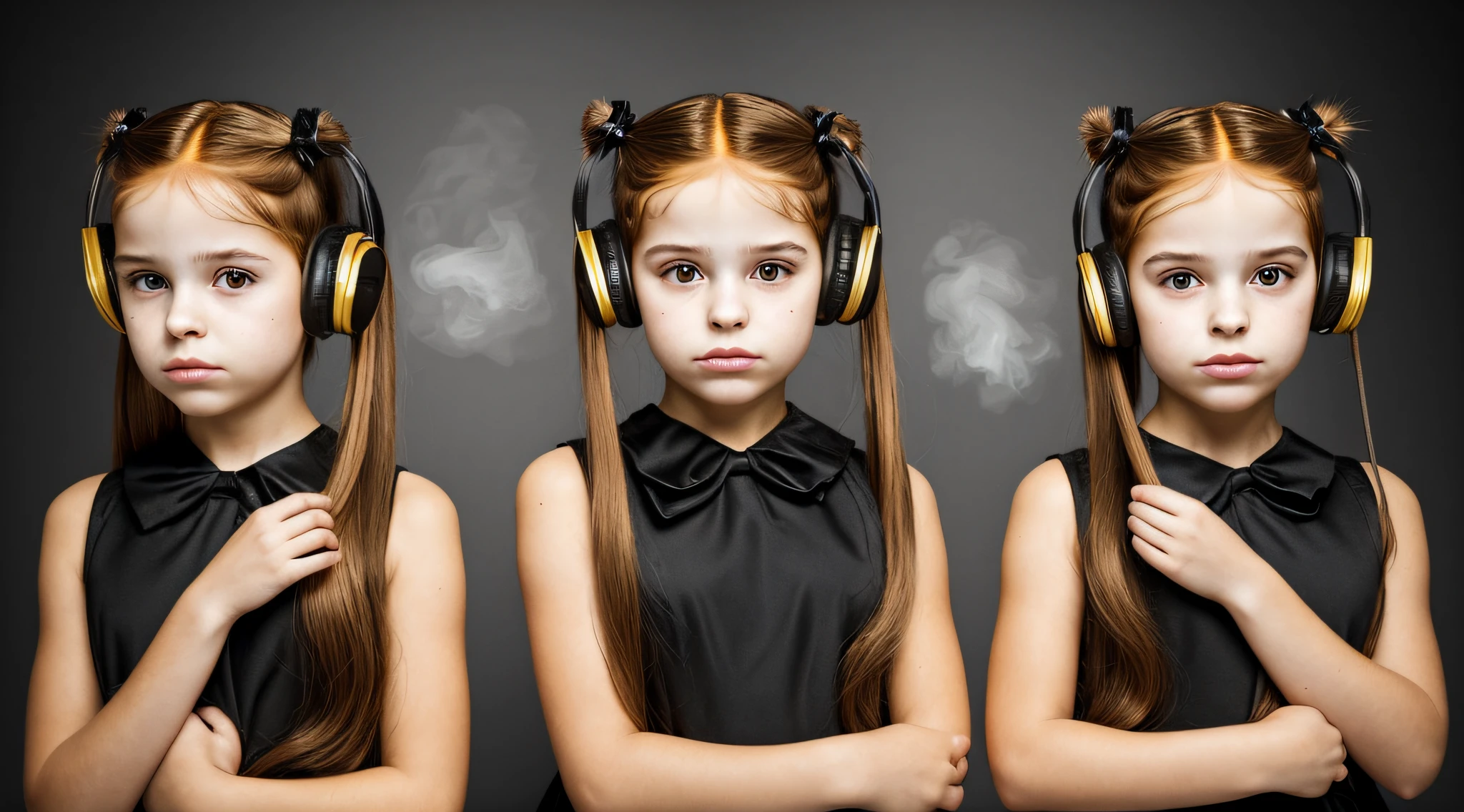 two girls with bows on their heads and one wearing a BLACK dress, HEADPHONES FIRE AND FIRE. gemini twins portrait, faixa de cabelo AMARELO,