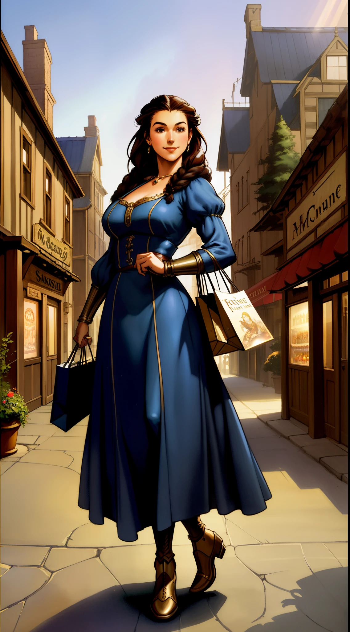 A young woman stands in the middle of a medieval street in a traveling suit and with a suitcase in her hands......., in full height, Feminine, Beautiful, Slender, Smiling , large breasts, wide hips, in a strict prim blue dress, Braided brown hair, day light, trees in the background, lock, Wide busy street, strollers and magnetic machines, Cozy houses, passersby scurry around, shopping stores, taverns, tavern signs, TIME OF DAY, dawning, Realistic, light effects, by boris vallejo, by Frank Frazetta, Louis Royo, in full height, romance novel cover, Fantasy plot