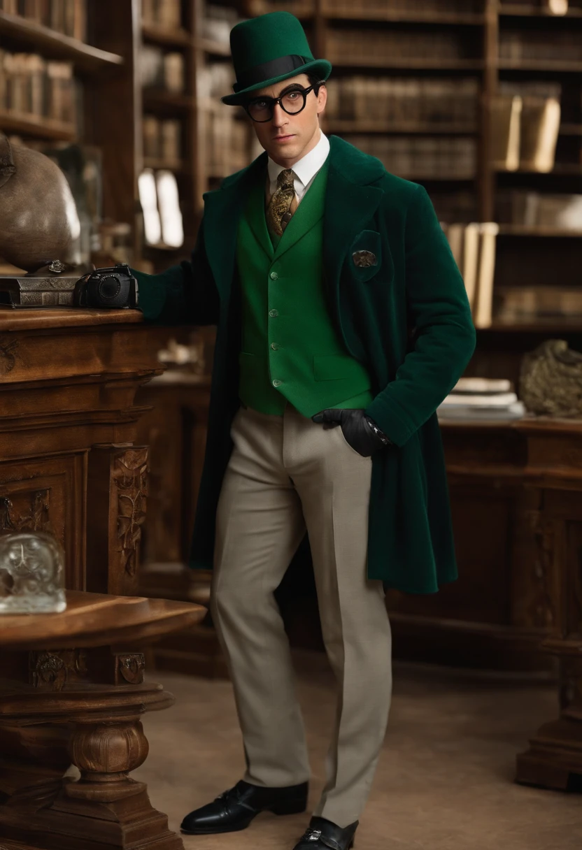 A meticulously organized collection of rare and ancient artifacts, each with a cryptic inscription or symbol,Batman,Ed is tall with neat black hair, glasses, wears a green suit, wears a bowler hat, famously portrayed by Cory Michael Smith