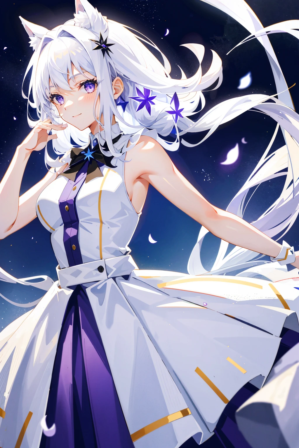 1 girl with white hair, long whitr hair, a skirt, White dress, nigh sky, starrysky, purpleeyes, cat ear, Very long hair, purple dress, ssmile, dual horsetail, White hair, exquisite facial features，movie light effect，（ultra - detailed，blossom flower，Glowing light：1.4），(tmasterpiece), (Best quality at best),moderately sized breasts