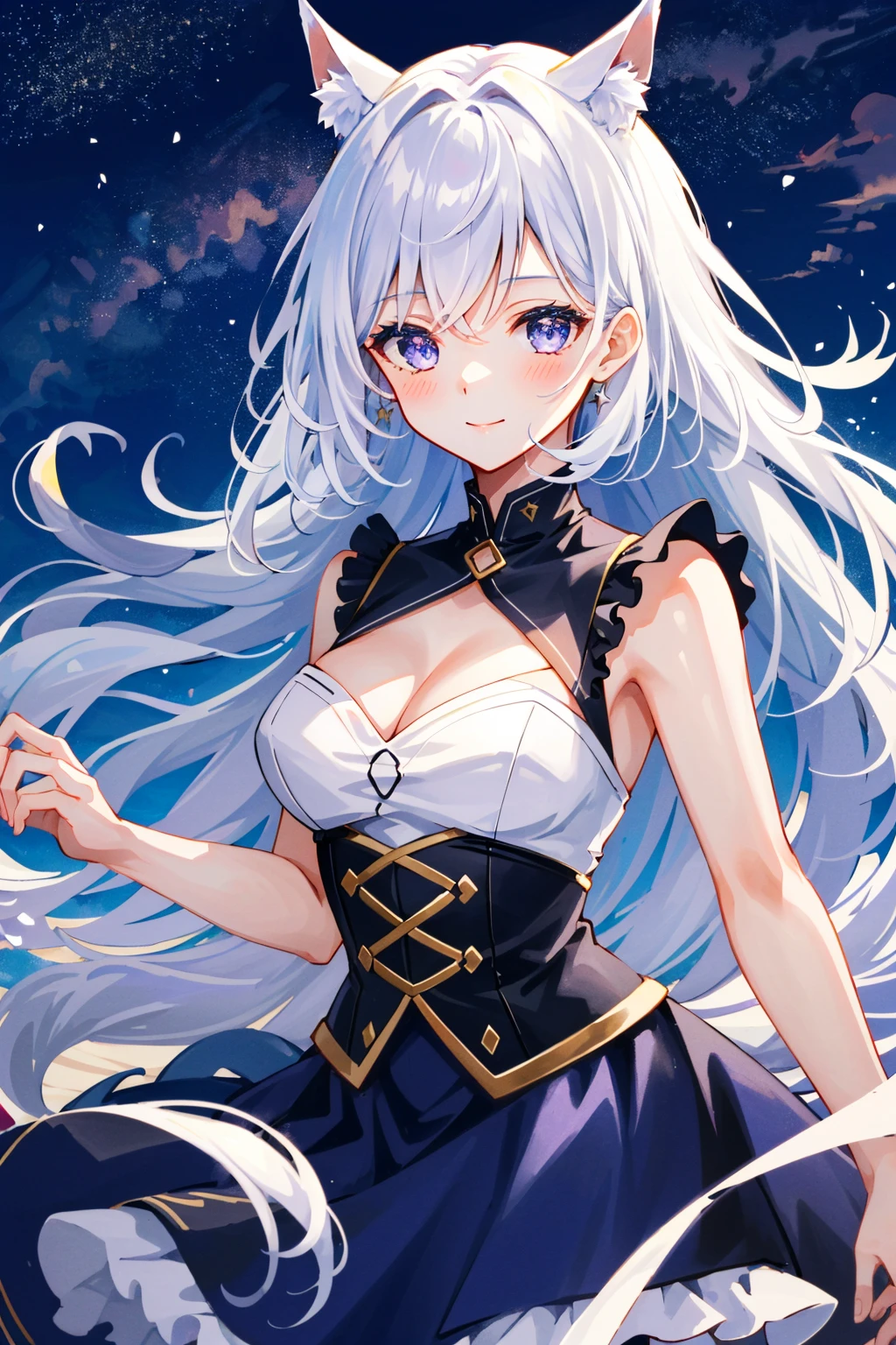A girl,White long hair,Dissemination,Blue pupils,Big breasts,17-year-old girl,Humanity,A bit dull,A bit shy