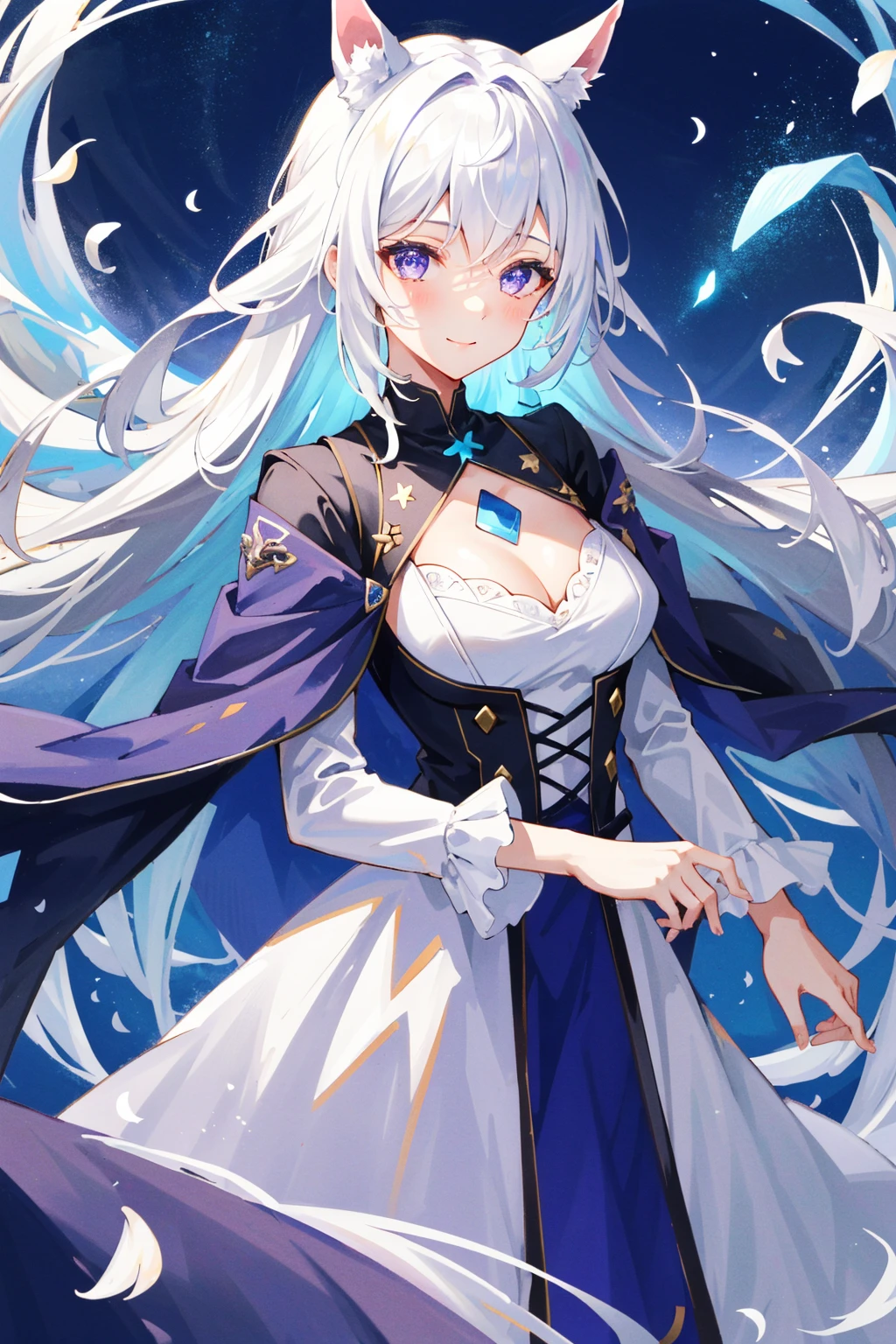1 girl with white hair, long whitr hair, a skirt, White dress, nigh sky, starrysky, purpleeyes, cat ear, Very long hair, purple dress, ssmile, dual horsetail, White hair, exquisite facial features，movie light effect，（ultra - detailed，blossom flower，Glowing light：1.4），(tmasterpiece), (Best quality at best),moderately sized breasts