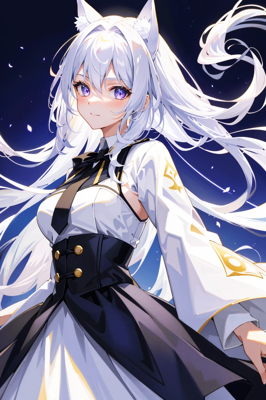 1 girl with white hair, long whitr hair, a skirt, White dress, nigh sky, starrysky, purpleeyes, cat ear, Very long hair, purple dress, ssmile, dual horsetail, White hair, exquisite facial features，movie light effect，（ultra - detailed，blossom flower，Glowing light：1.4），(tmasterpiece), (Best quality at best),moderately sized breasts