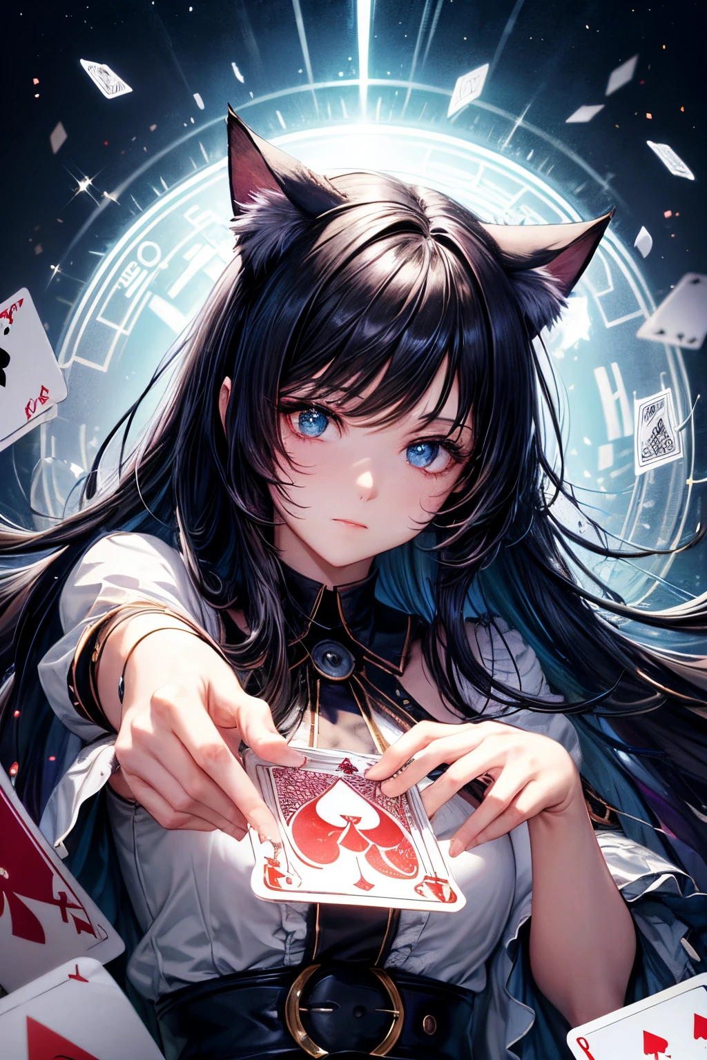 Top quality, high resolution, perfect human structure, background focus, front view, glowing hair, cat ears, black hair, cards, playing cards, clover, bright, gradient eyes, swept bangs,
