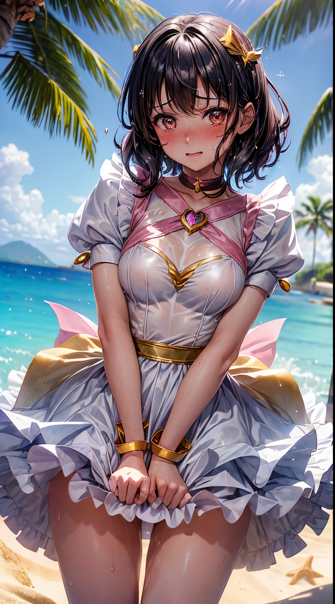 One lady,20yr old,((Magical Girl Costumes)) ,(((blushed face))), )), ((()))((I'm opening my mouth)),(((magical girl costume))(Happy Ahe Face),Wet with sweat,(A dark-haired,),((sand beach,,))(())