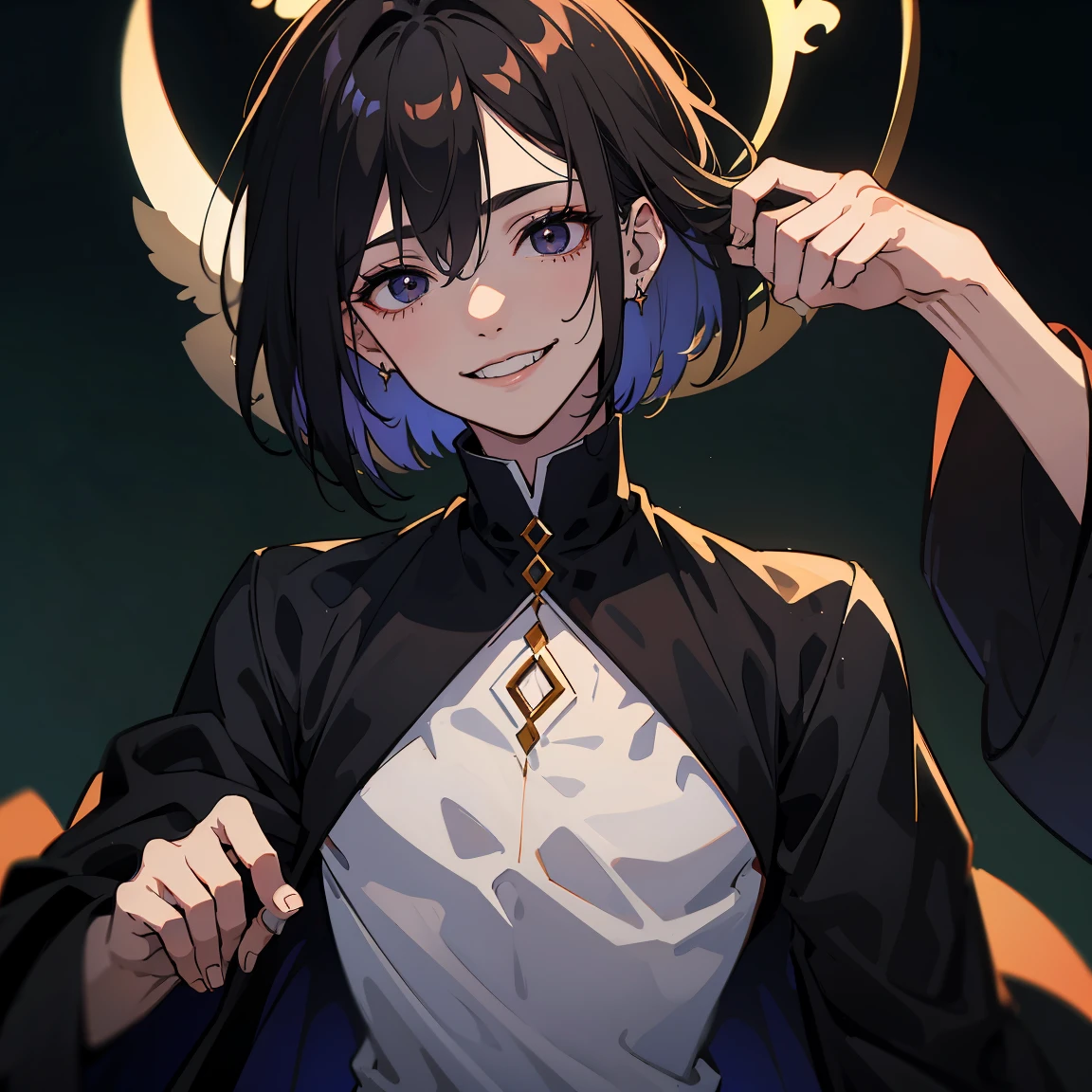 Black haired guy, short hair,doll like features, beautiful yet creepy, black eyes, unsettling smile, dark background, death eyes, unnatural smile, pretty