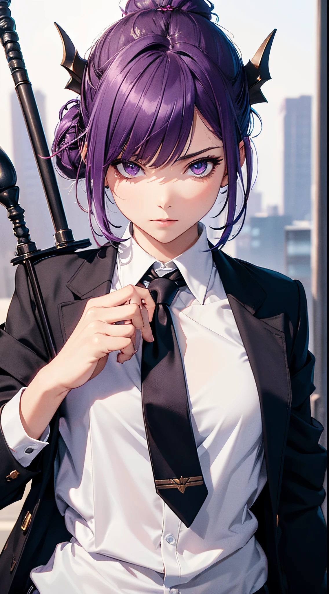 masterpiece, high quality, character concept art, close up photo, portrait, (detailed face, detailed eyes, detailed body:1.3), ARKNIGHTS, sci-fi knights, young girl, anthro, flat chest, purple hair color, hair bun haircut, oni demon features, (oni demon horns:0.8) , (wearing elegant outfit office shirt with tie, (military jacket with straps and accessories), office pants), holding magic staff, shy pose