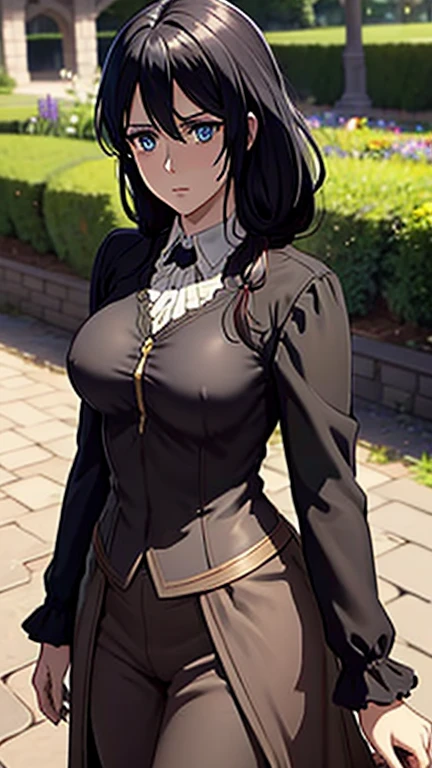 Long black hair,black colour suit and black shirt, perfect sized boobs, standing,blue colour eyes,ultra realistic detailed blue eyes, beautiful and perfect face, sunlight and garden background, Violet Evergarden's hairstyle, black hair