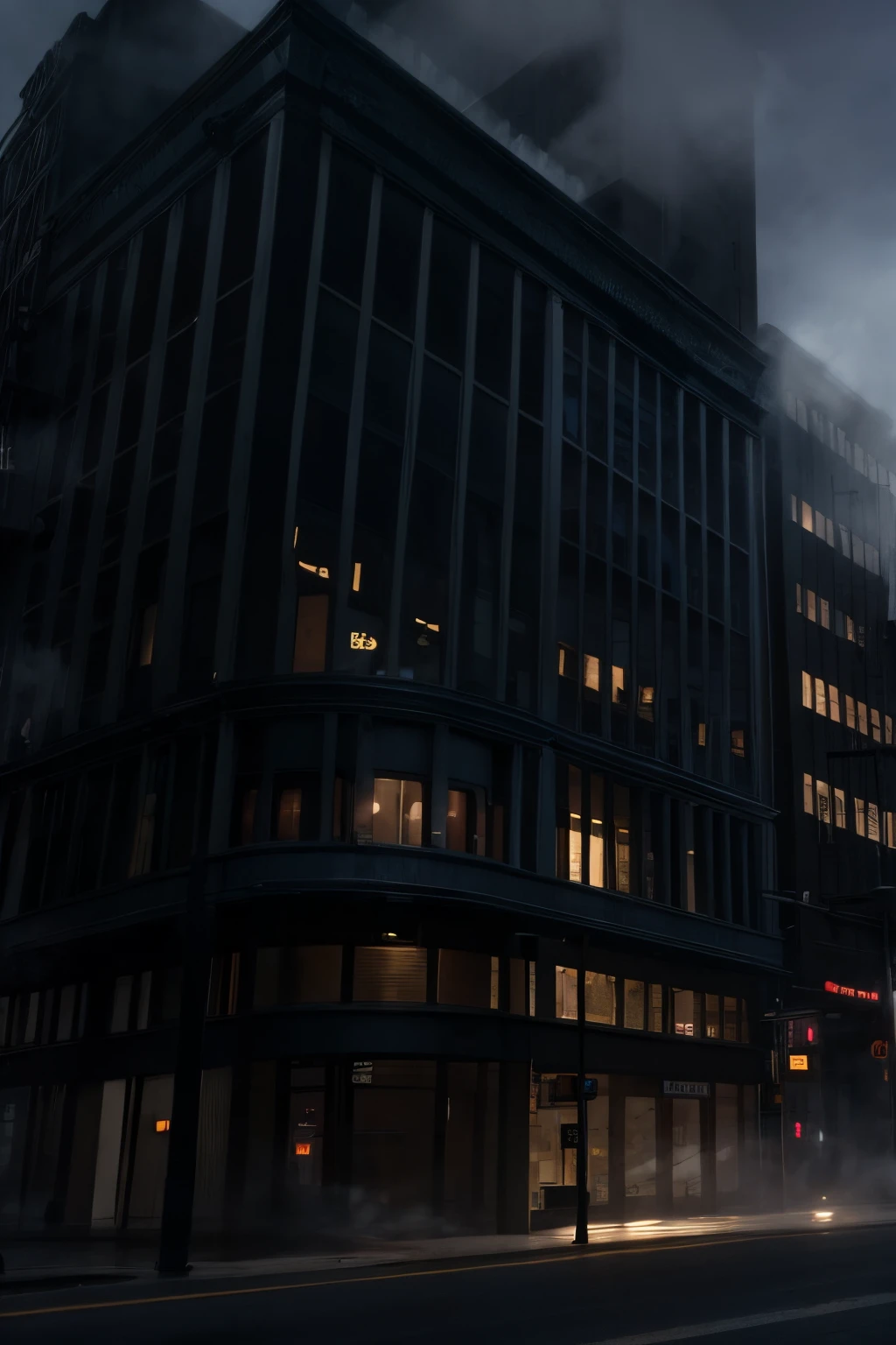 creepy downtown、
foggy、building