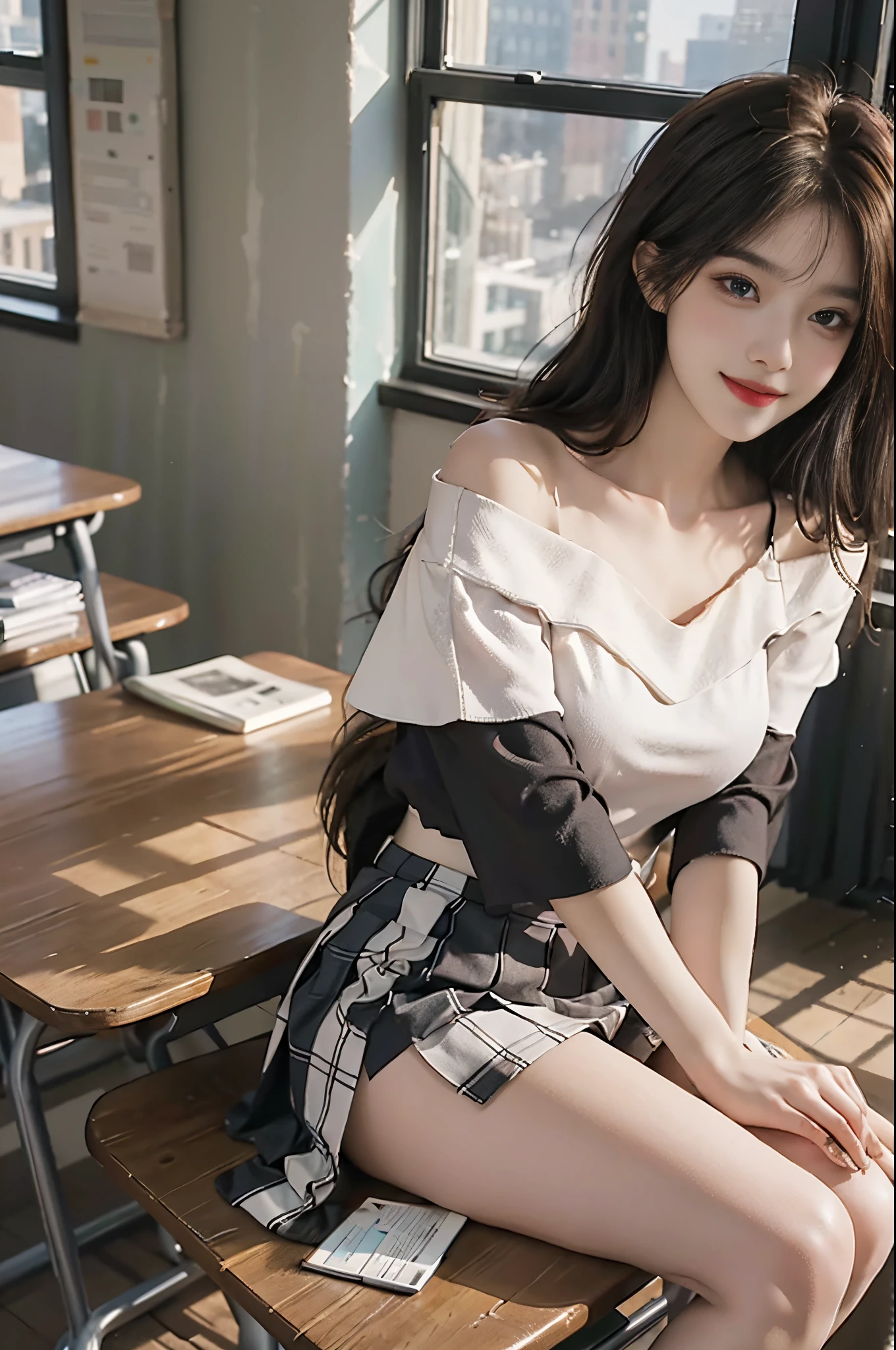 A 20-year-old sexy model wearing a black off-shoulder blouse and a white pleated skirt. She has a voluptuous chest and long legs. She is sitting on a desk in a classroom, striking a pose for a photo. The image is of the best quality, with ultra-high resolution and perfect lighting. The model is smiling. The scene is captured from a satellite's perspective, giving it a bird's-eye view.