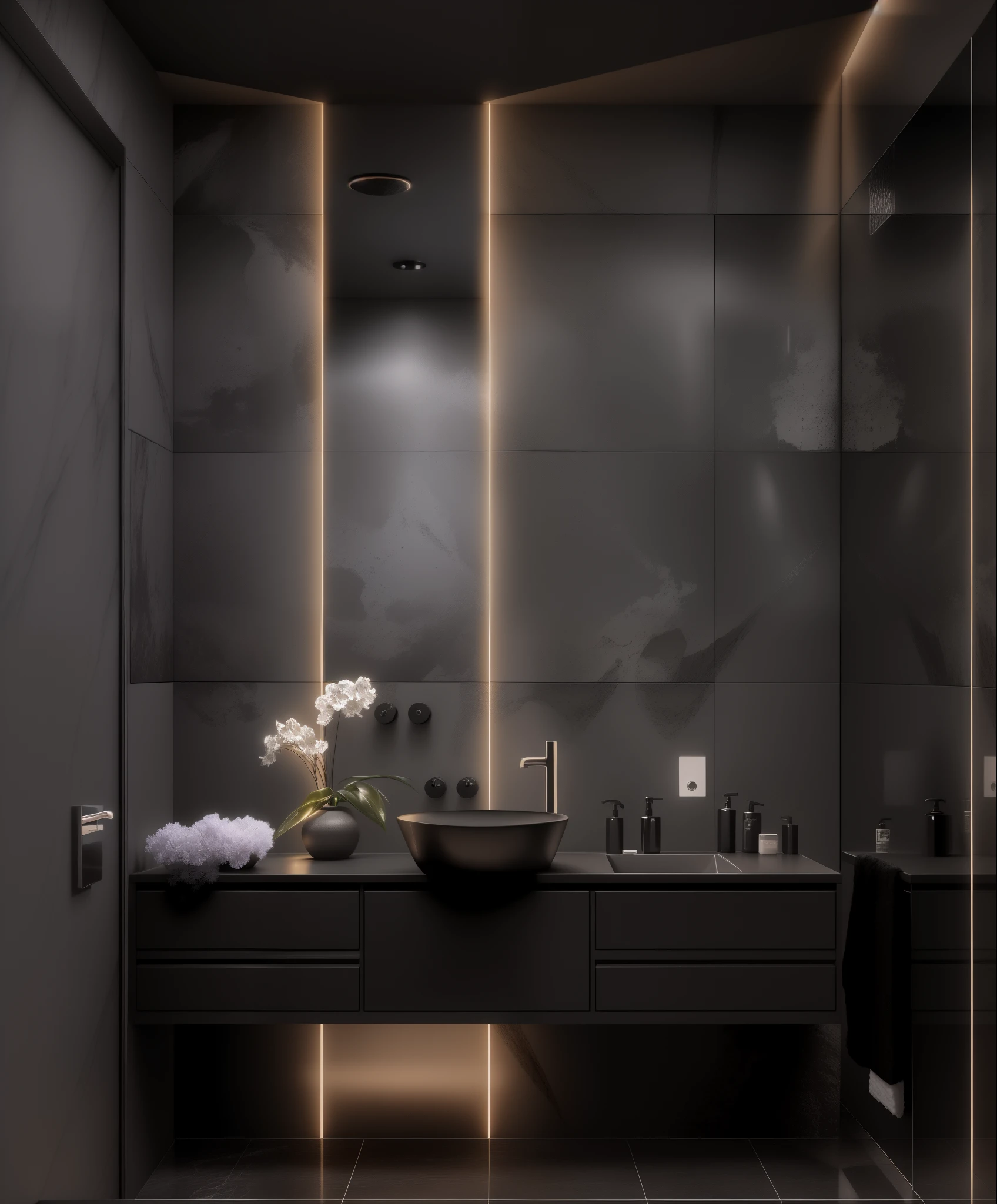 arafed bathroom with a black counter and a black sink, dark and modern, ioyful vibe and lighting, dramatic contrast lighting, dramatic dark lighting, black color scheme, dark vignette, elegant minimalism, dark mood lighting, dark colour scheme, dramatic ambient lighting, award winning dark lighting, grey and dark theme, cinematic accent lighting, premium bathroom design