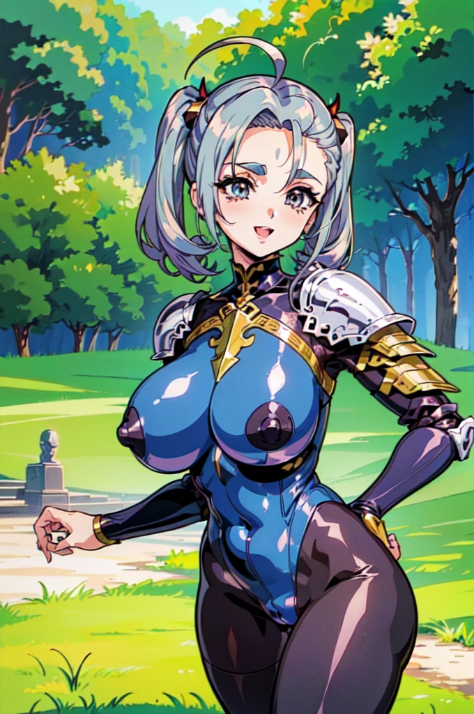"(masterpiece:1.1), best quality,
1girl, (80s anime style:1.3), (eyelashes:1.5), (:1.2),
(intricate high detailed body:1.2),
(blue hair:1.1), (forehead, hair slicked back:1.2), (twintails, drill hair:1.2), (demon horns:1.2),
red eyes, (lip stick:1.3), (thick eyebrows:1.1),
(gigantic breasts:1.5),
(happy, smile:1.2), blush, open mouth,
(high cut body suit armor, underboob cutout:1.2), (pantyhose:1.2),
(knight armor, armored boots:1.2), (frill:1.1), (ahoge:1.2), sleeve,
standing, leaning forward,
(upper body, cowboy shot, looking at viewer, from front:1.1),
(daytime, grassland, outdoors:1.2)"