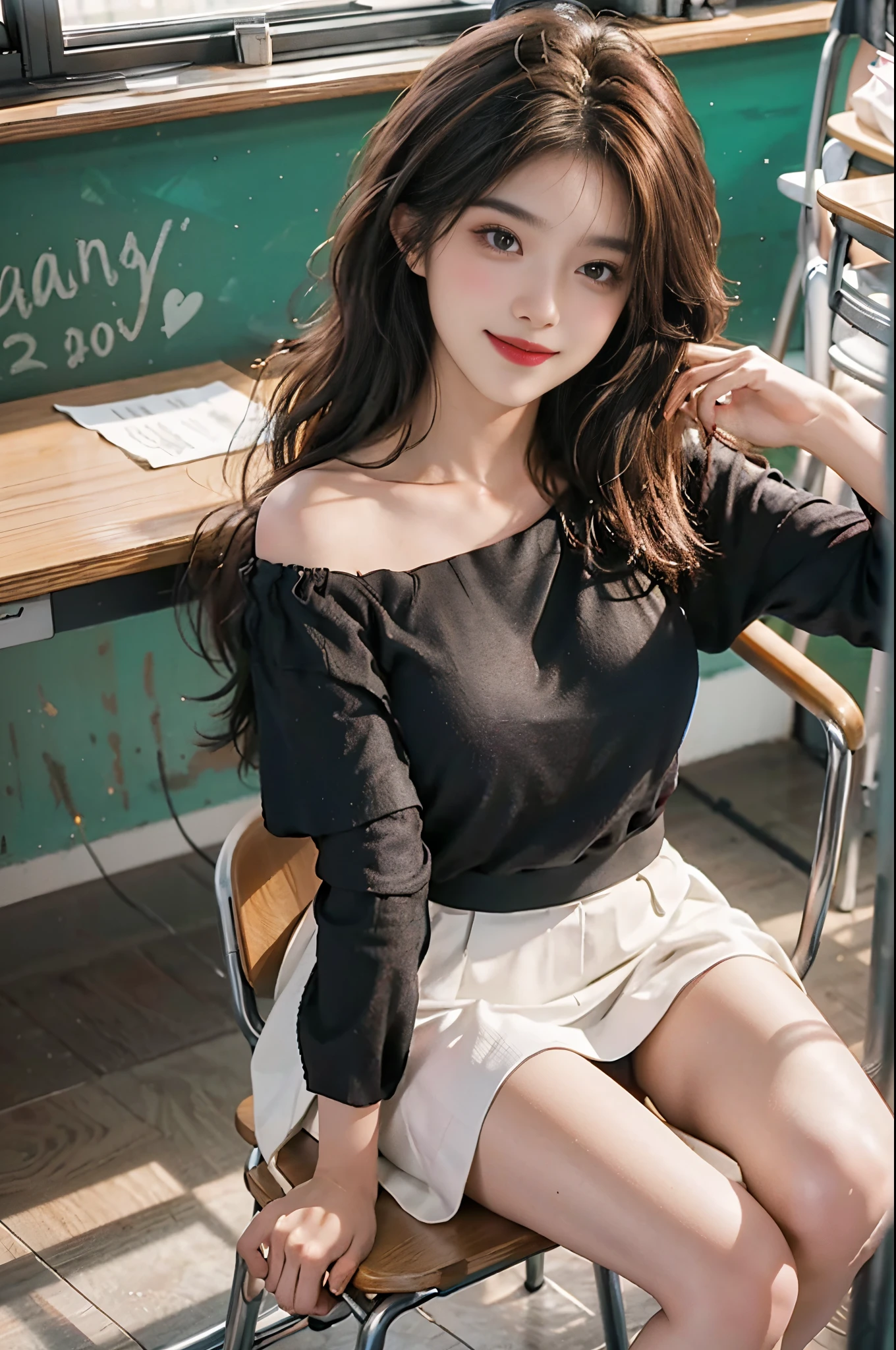 A 20-year-old sexy model wearing a black off-shoulder blouse and a white pleated skirt. She has a voluptuous chest and long legs. She is sitting on a desk in a classroom, striking a pose for a photo. The image is of the best quality, with ultra-high resolution and perfect lighting. The model is smiling. The scene is captured from a satellite's perspective, giving it a bird's-eye view.
