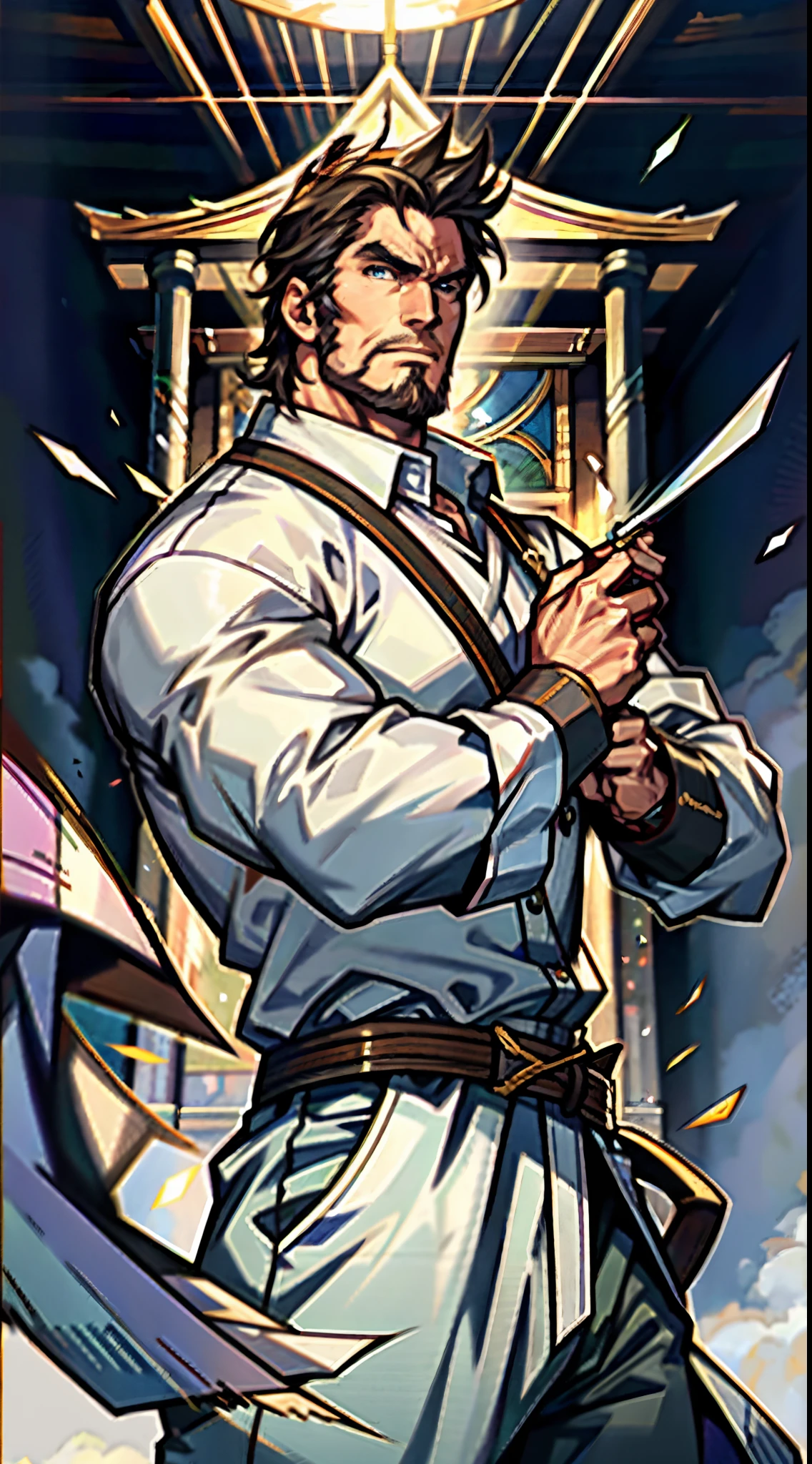 A middle-aged man around 50, short black hair tinged with white, a vertically upright hairstyle, thick eyebrows, round and large eyes, scars are present on the eyes and the bridge of the nose, a full beard, a muscular and robust physique, loose martial arts-style robes, rolled-up sleeves, cloth wrist guards, a linen belt around his waist, tattered hem, matching coarse fabric pants, the background is within a tidy dojo, this character embodies a finely crafted fantasy-realistic style martial artist in anime style, exquisite and mature manga art style, high definition, best quality, highres, ultra-detailed, ultra-fine painting, extremely delicate, professional, anatomically correct, symmetrical face, extremely detailed eyes and face, high quality eyes, creativity, RAW photo, UHD, 8k, Natural light, cinematic lighting, masterpiece-anatomy-perfect, masterpiece:1.5