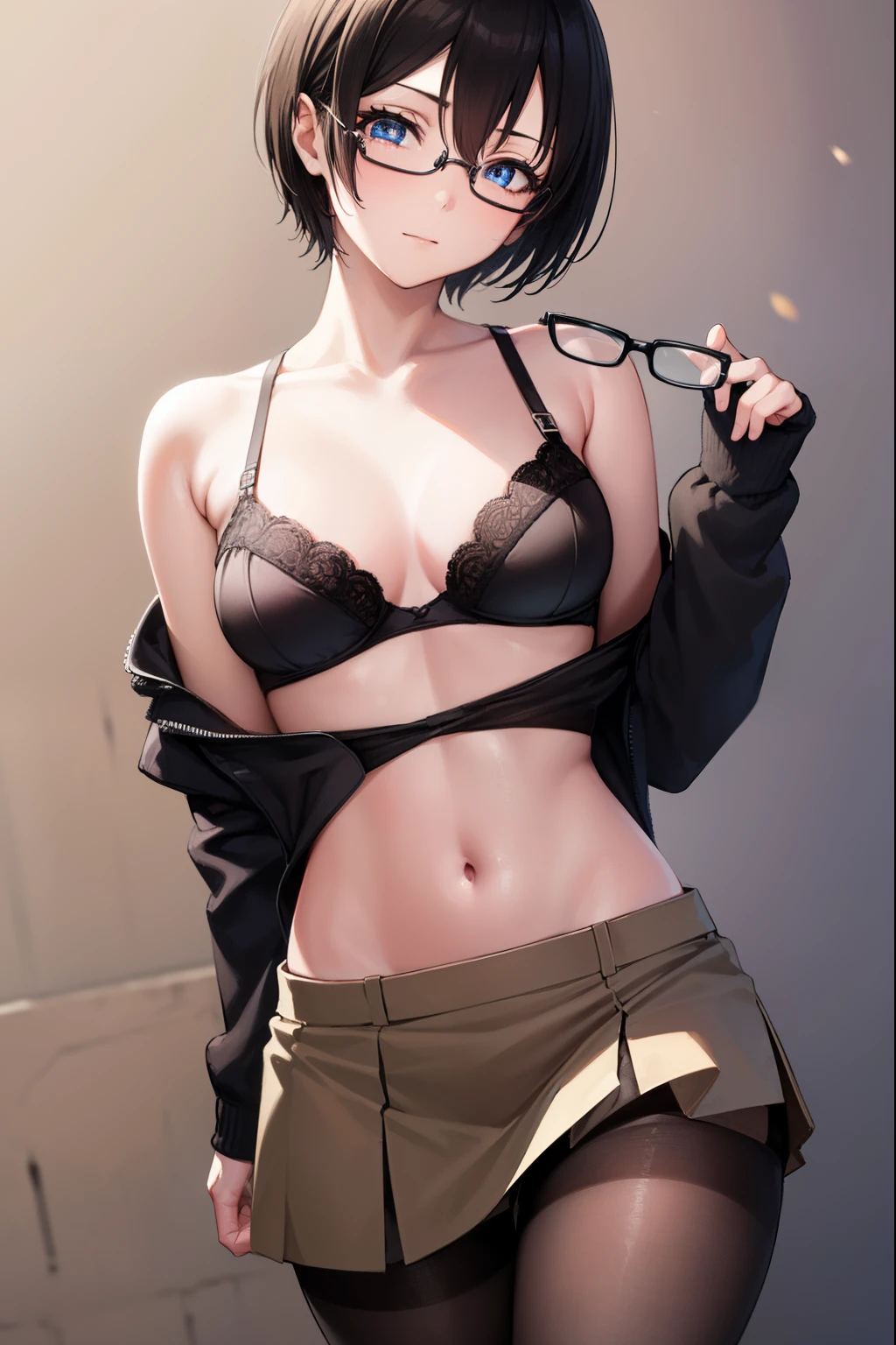 Yuffie Exaragi, Yuffie Kisaragi, 1 girl in、独奏、Short hair, ((blouse)),((a miniskirt))、((pantyhose))、((eye glasses))、((Black bra))
Blake Cowboy Shot, Looking at Viewer, 
BREAK (masutepiece:1.2), Best Quality, High resolution, Unity 8k壁纸, (Illustration:0.8), (Beautiful detailed eyes:1.6), extra detailed face, Perfect Lighting, extremely details CG, (Perfect hands, Perfect Anatomy),