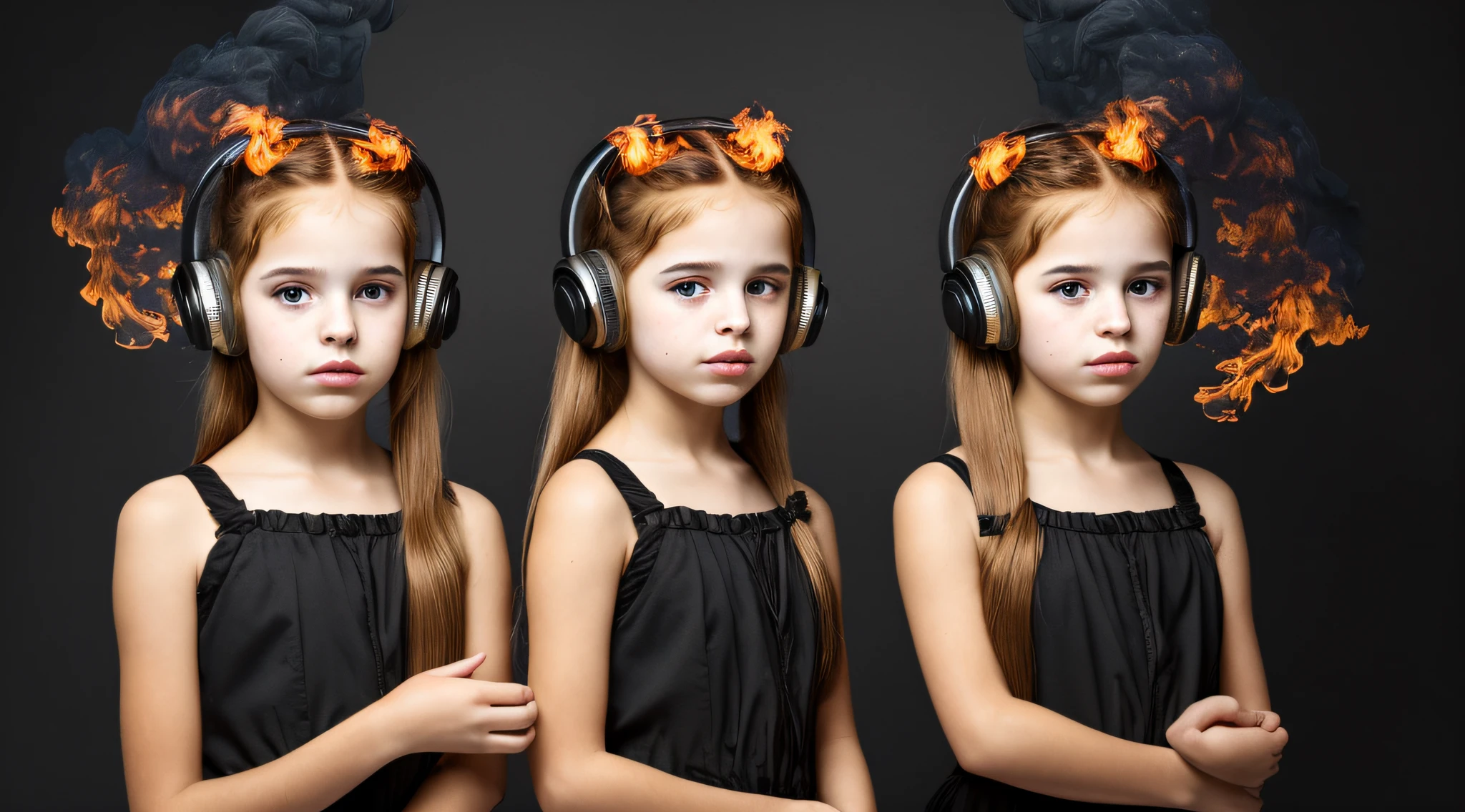 two girls with bows on their heads and one wearing a BLACK dress, HEADPHONES FIRE AND FIRE. smoke billowing, gemini twins portrait, faixa de cabelo AMARELO,