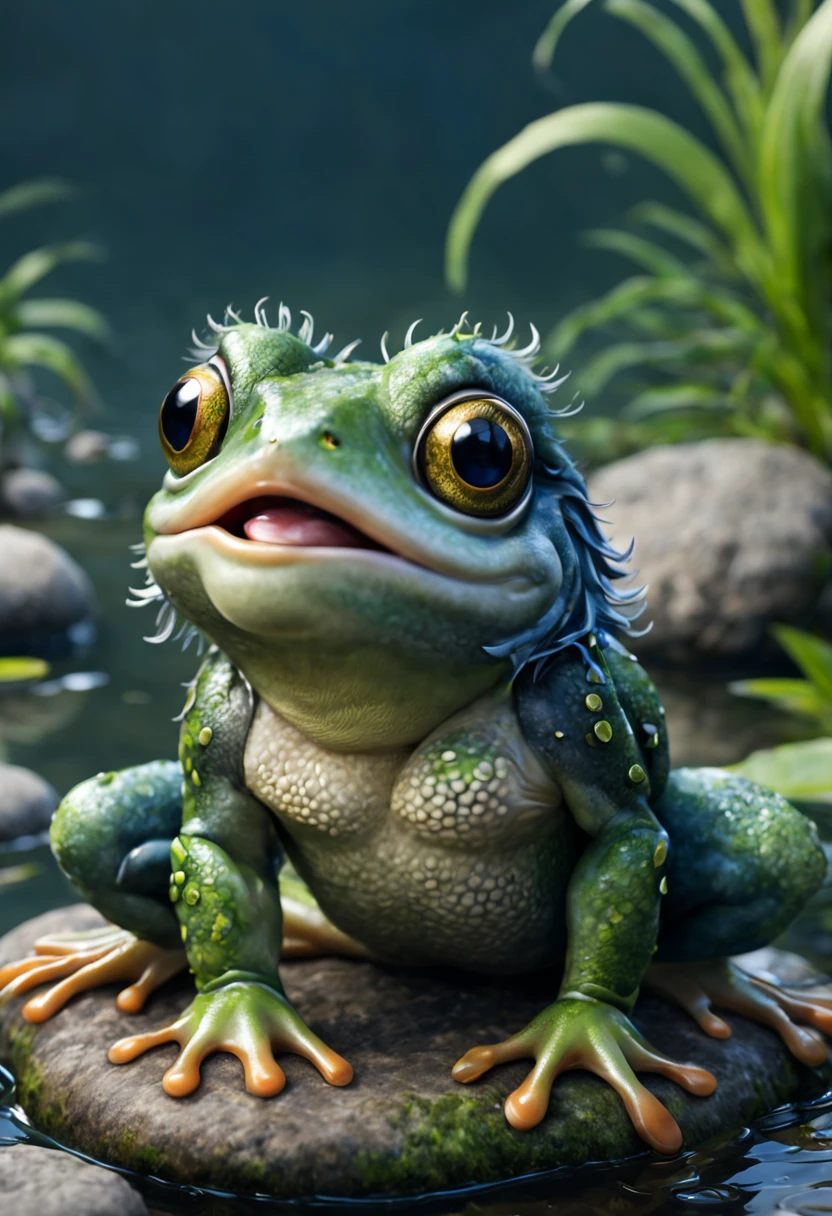 Johan Potma style, "(Best Quality, Ultra-detailed, Realistic:1.37),((  frog)),Cute monster (woolly), large tities, expressive eyes, Fluffy eyelashes,  sitting on a stone in a pond, Very cute, indigo, soft fluffy fur"