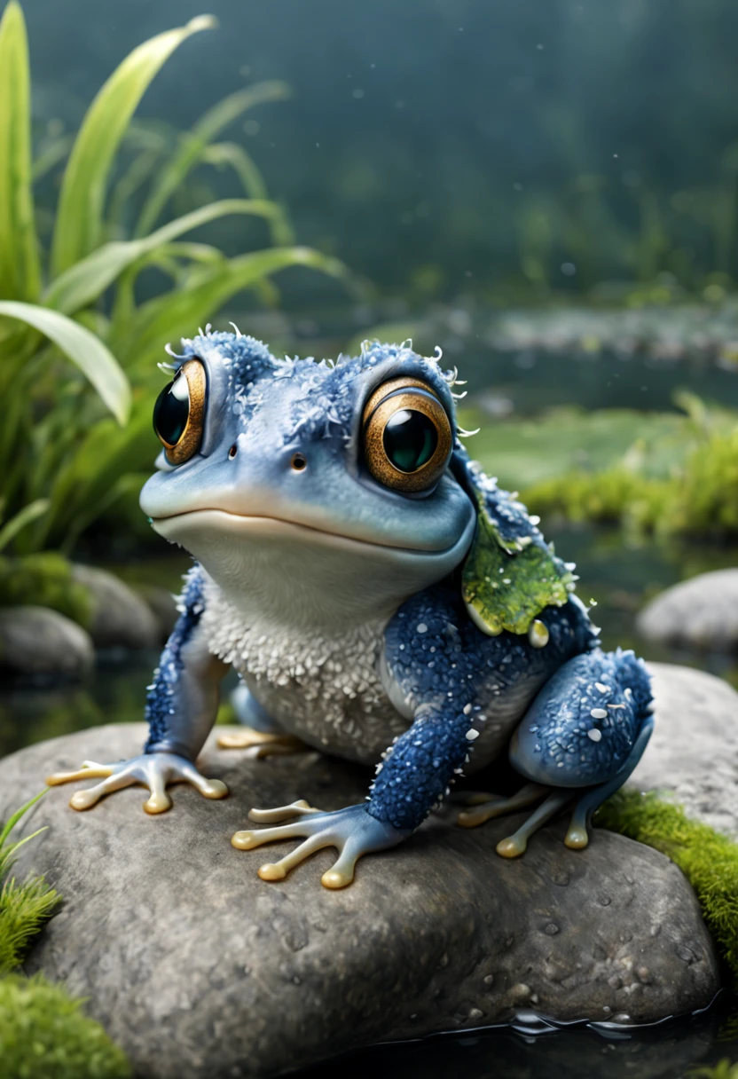 Johan Potma style, "(Best Quality, Ultra-detailed, Realistic:1.37),((  frog)),Cute monster (woolly), large tities, expressive eyes, Fluffy eyelashes,  sitting on a stone in a pond, Very cute, indigo, soft fluffy fur"