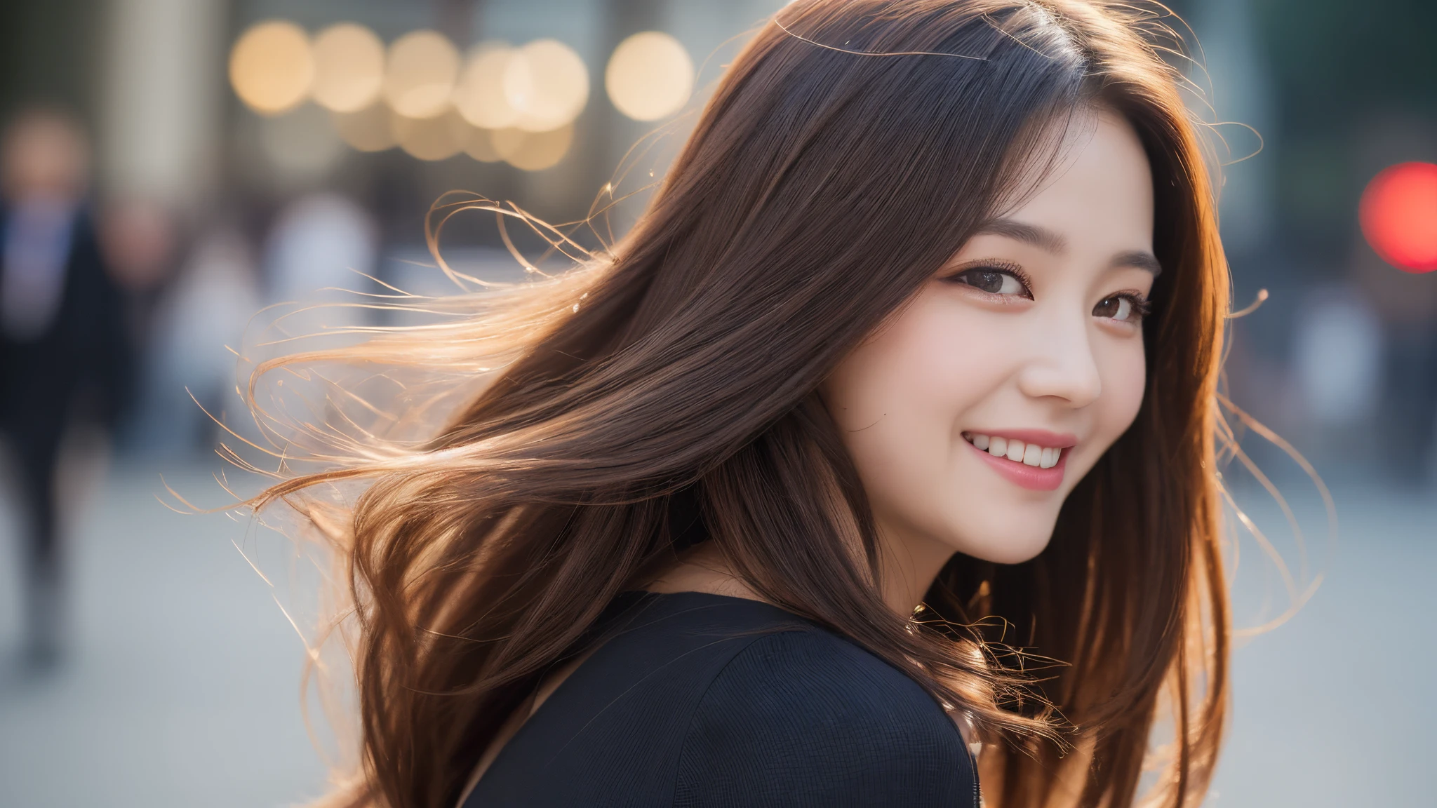 ((Best quality, 8k, Masterpiece :1.3)), 1girl, smiling, full body, slim face, Pretty woman, (Dark brown hair), full length dress :1.1, Ultra-detailed face, Detailed eyes, Double eyelid, blur background, slim face, city, outside, street,