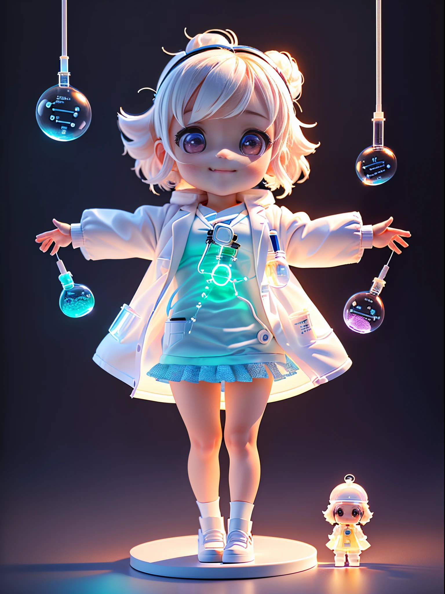 Super cute girl full body 3d drawing, 1 pc, good looking eyes, big eyes, cute, happy, c4d, pop matt blind box, glowing bubble, toy, solid color background, chibi, fluorescent translucency, luminescence, kawaii, doll, ((((scientist, white lab coat))), reference table, pop mart blind box, pixar, complex details, 3d rendering, blender, oc renderer, fol body reference sheet, dribble , High Details, 8K, Studio Lighting, Loli, Petite, , Chibi, SD characters: 1.1, Magic Lab background