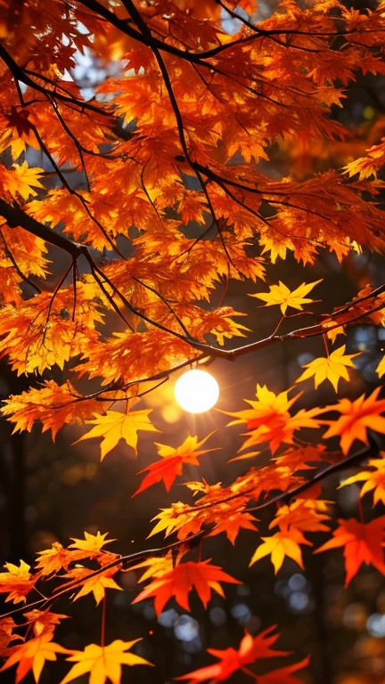 autumn night，Branches in the sun，Hang sunlight on the leaves，Photorealsitic，natural soft light，Hyper-detailing，Fantastical、glitter、Red autumn leaves、momiji