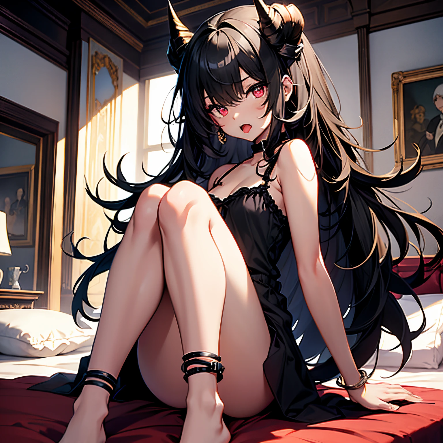 girl with、Illustrator、masterpiece、top-quality、Best eye quality、Optimal facial quality、Best hand and finger quality、horns curled like a sheep、Long Black Hair、red eyes、Well-formed face、Screaming face、put out the tongue、Long Black Camisole、Bare legged、thin decorative anklet、luxurious and luxurious western style room、Sit on the bed with your legs crossed