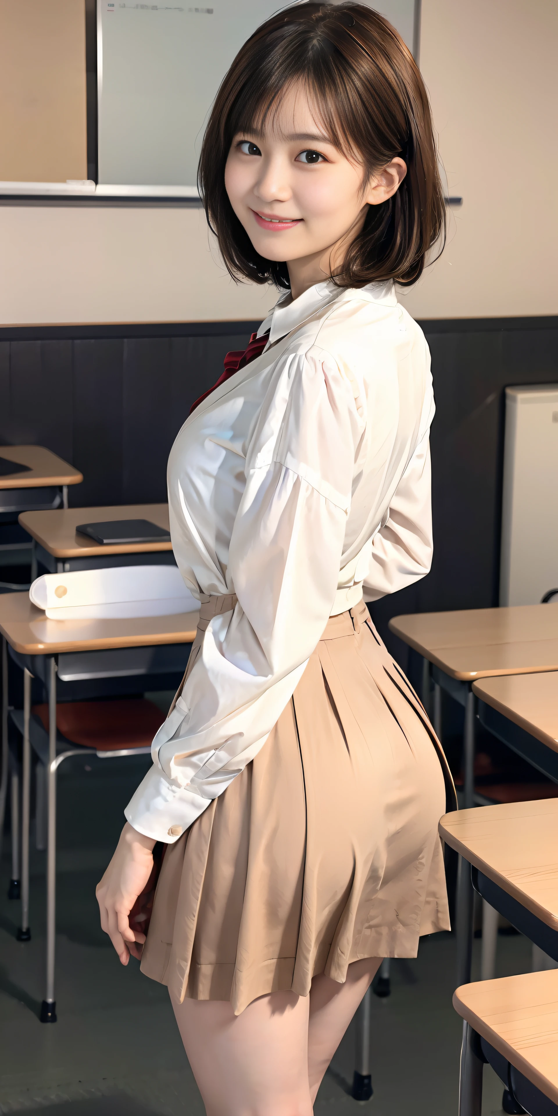top-quality、Top image quality、masterpiece、governess、25 years old women, Black wavy hair、short-hair、bangss、Long sleeve white shirt with collar, Puffy nipple、beige long flared skirt, Medium milk, cute smile face、Face of shame、Shake your head、(Emphasize ass、turned around)、high-heels、sexy pose、Big necklace、耳Nipple Ring、Evening Classroom、Kamimei、Provoking students