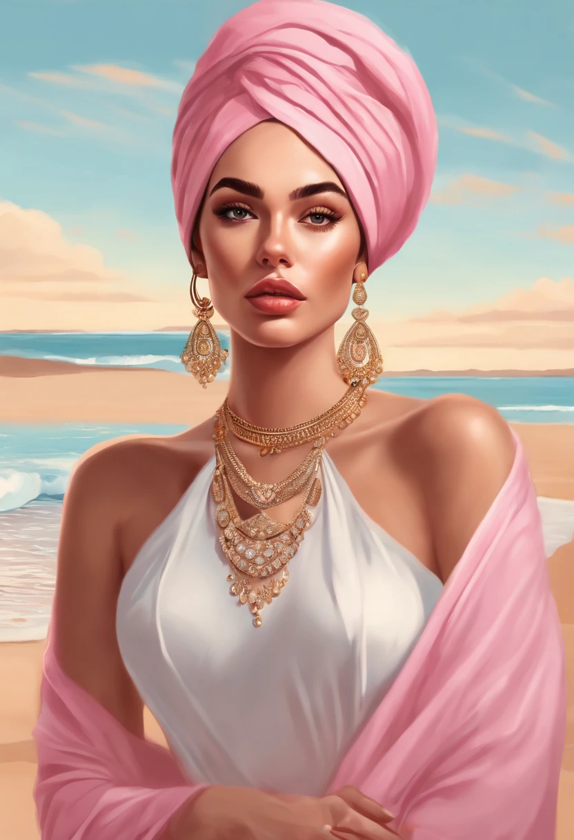 uma pintura  de uma mulher com um turbante rosa e um colar, trending on artstration, Cartoon style illustration, in illustration style digital, pintura realista da menina bonito, digital illustration portrait, Epic portrait illustration, estilo de arte dos desenhos animados, estilo de arte impressionante, pintura digital dos desenhos animados, Madison Beer Girl Retrato, Beautiful digital illustration, arte dos desenhos animados, realistic digital illustration