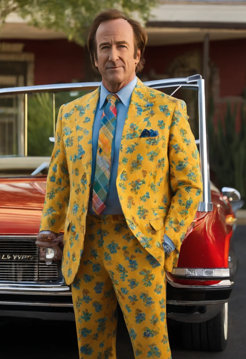 A photo of Saul Goodman wearing a colorful, loud suit, standing in front of a vintage car with the license plate 'LWYRUP',Breaking Bad,Saul Goodman’s appearance is as loud and attention-grabbing as his personality. He typically sports brightly colored suits, often in shades of red or yellow, paired with flashy ties, reflecting his over-the-top persona.