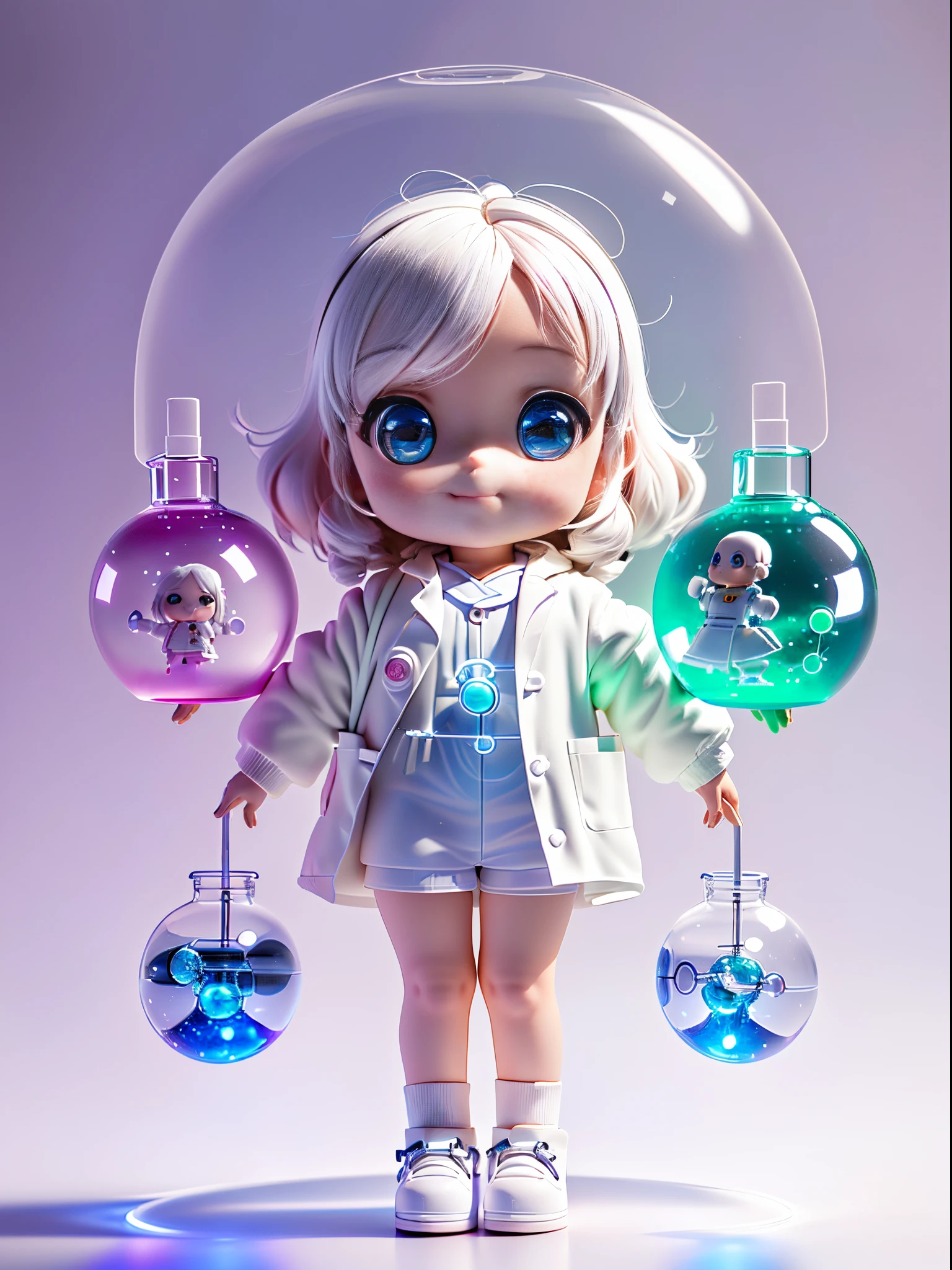 Super cute girl full body 3d drawing, 1 pc, good looking eyes, big eyes, cute, happy, c4d, pop matt blind box, glowing bubble, toy, solid color background, chibi, fluorescent translucency, luminescence, kawaii, doll, ((((scientist, white lab coat))), reference table, pop mart blind box, pixar, complex details, 3d rendering, blender, oc renderer, fol body reference sheet, dribble , High Details, 8K, Studio Lighting, Loli, Petite, Child, Chibi, SD characters: 1.1, Magic Lab background