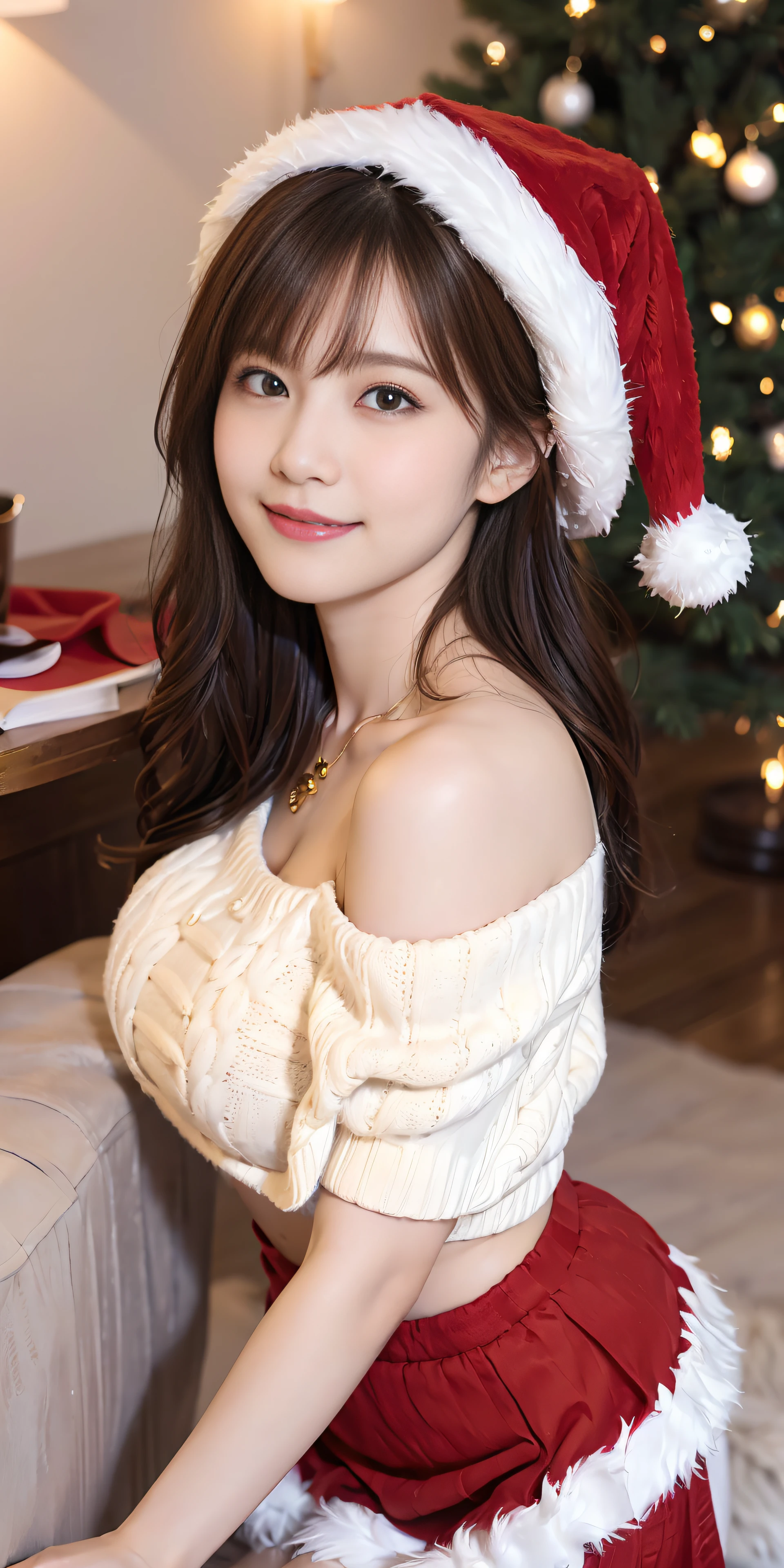 top-quality、Top image quality、masterpiece、fully body photo、25 years old women, Dark brown wavy middle hair、bangss、Santa Claus Cosplay、red and white knit hat、red and white off shoulder sweater, Puffy nipple、soft boob、red and white flared skirt、Medium milk, cute smile face、(tilt your neck slightly)、(stick out buttocks、Looks Back)、sexy hips、sexy pose、Big necklace、耳Nipple Ring、Photos showing the whole body