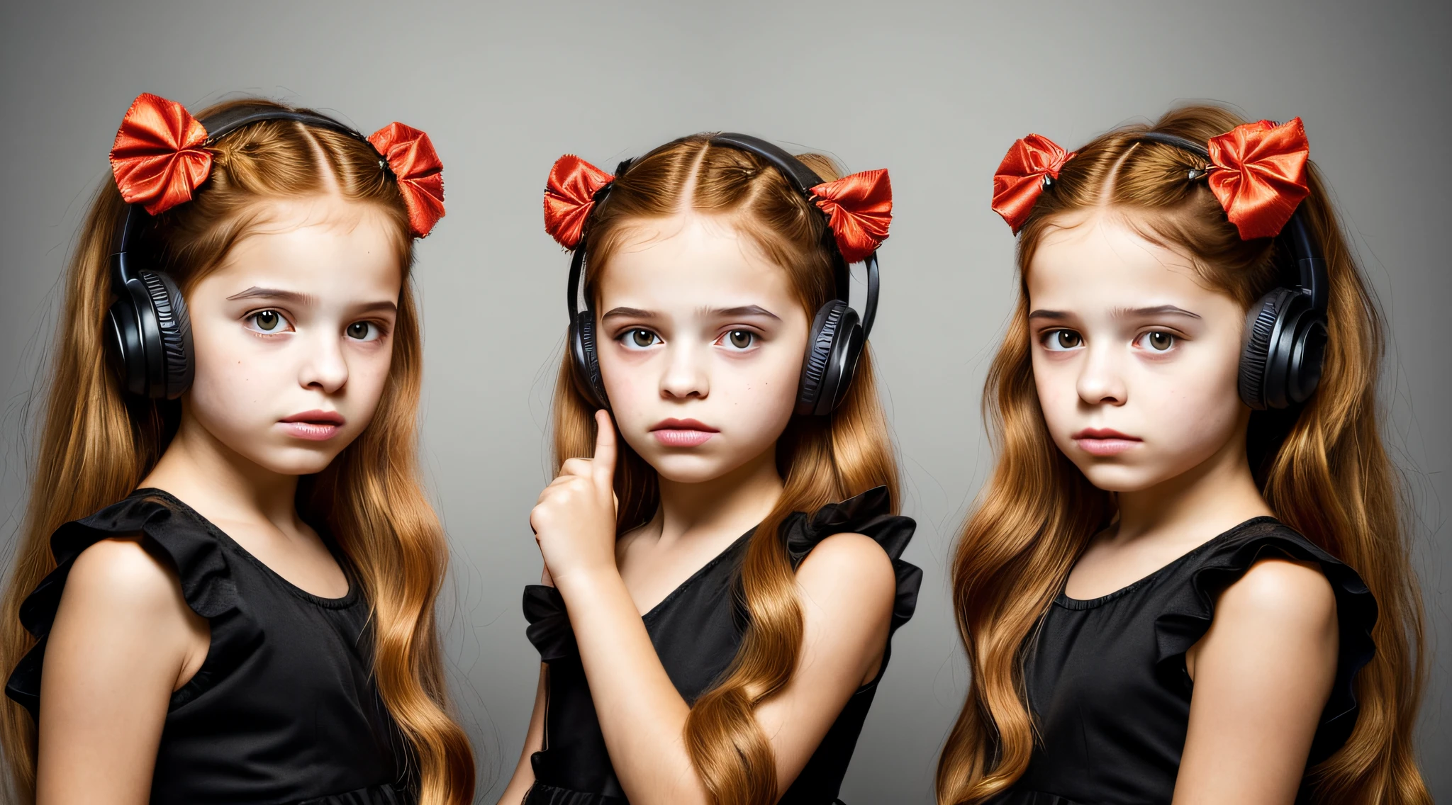 two girls with bows on their heads and one wearing a BLACK dress, HEADPHONES FIRE AND FIRE. gemini twins portrait, faixa de cabelo AMARELO,