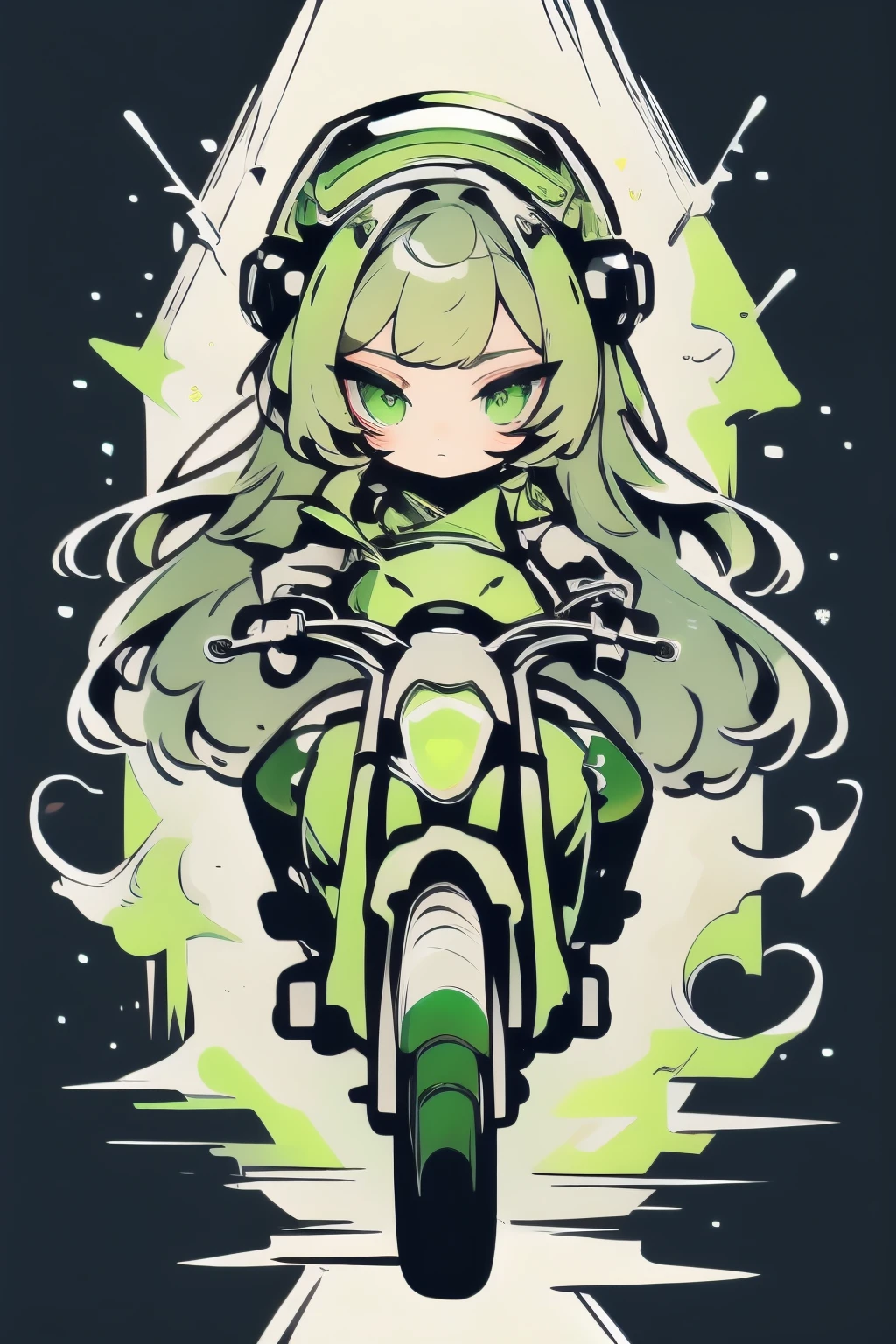 Highest image quality, outstanding details, ultra-high resolution, (realism: 1.4), the best illustration, favor details, highly condensed 1girl, with a delicate and beautiful face, dressed in a black and green mecha, wearing a mecha helmet, holding a directional controller, riding on a motorcycle, the background is a high-tech lighting scene of the future city.