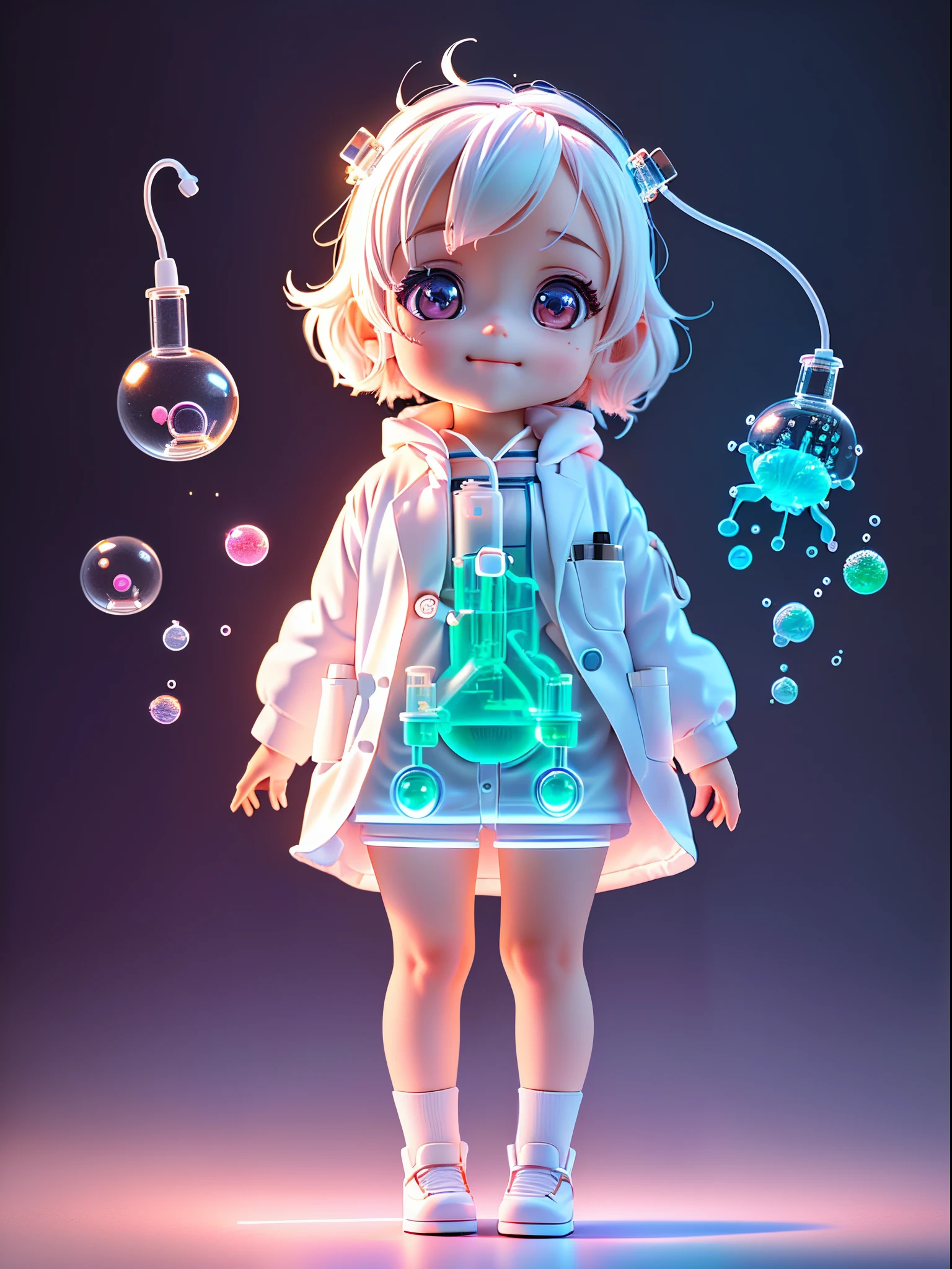Super cute girl full body 3d drawing, 1 pc, good looking eyes, big eyes, cute, happy, c4d, pop matt blind box, glowing bubble, toy, solid color background, chibi, fluorescent translucency, luminescence, kawaii, doll, ((((scientist, white lab coat))), reference table, pop mart blind box, pixar, complex details, 3d rendering, blender, oc renderer, fol body reference sheet, dribble , High Details, 8K, Studio Lighting, Loli, Petite, Child, Chibi, SD characters: 1.1, Magic Lab background