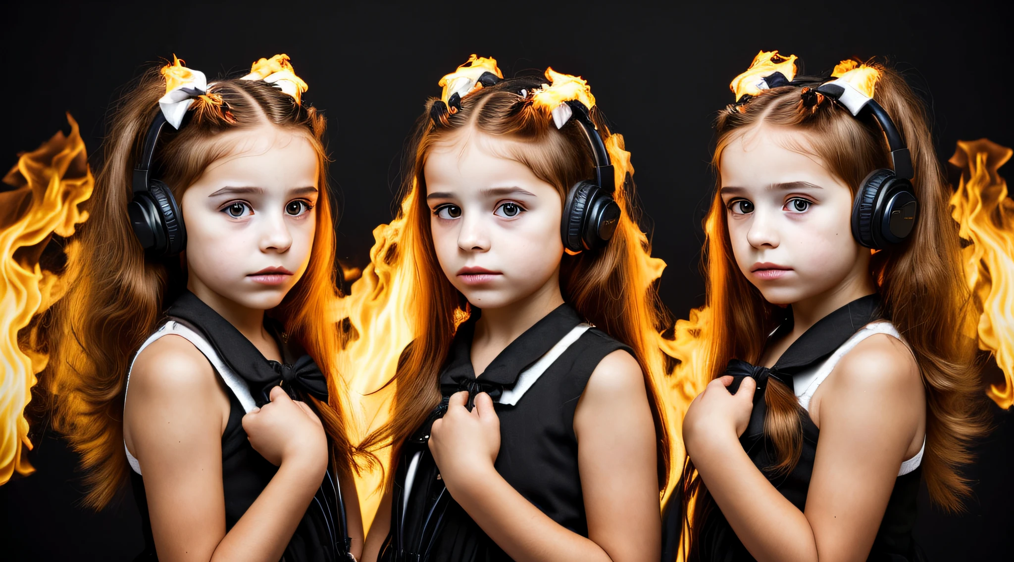 two girls with bows on their heads and one wearing a BLACK dress, HEADPHONES FIRE AND FIRE. gemini twins portrait, faixa de cabelo AMARELO,