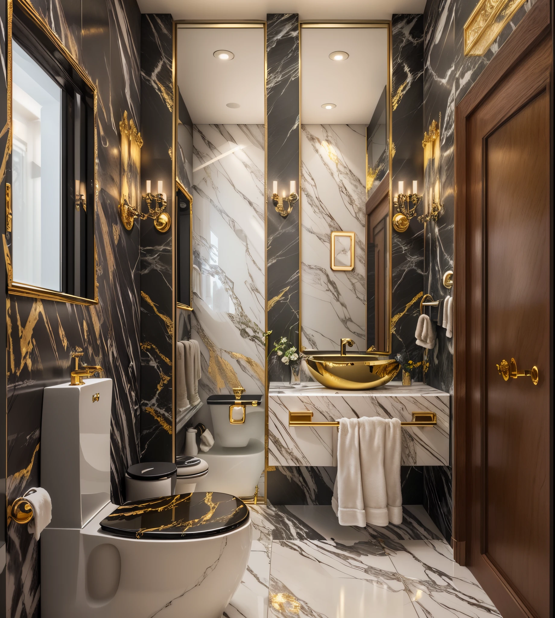 a close up of a bathroom with a toilet and a sink, wooden walls brass panels, premium bathroom design, marble walls, modern bathroom, high quality 3d render, high quality 3 d render, gold and black color scheme, luxurious, black marble and gold, gold and luxury materials, black gold color scheme, marble and wood and glass, mirror and glass surfaces