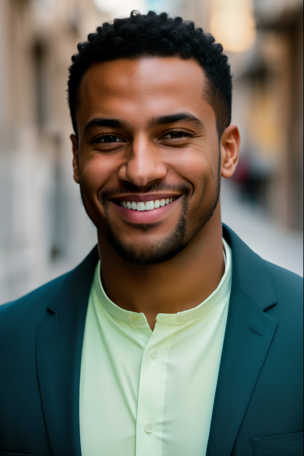 homme souriant en chemise blanche et veste blanche debout dans une ville, Portrait of an actor, head portrait, Photo de profil, portrait en gros plan, Headshot professionnel, Brown-skinned man with a giant smile, Photographie de portrait, Headshot, Gros plan, headshot photo, Photoshoot Headshot, homme souriant, Cinematographic portrait, Photographie de Headshot, homme souriant, Portrait of the character's head, 1 / 2 Headshot