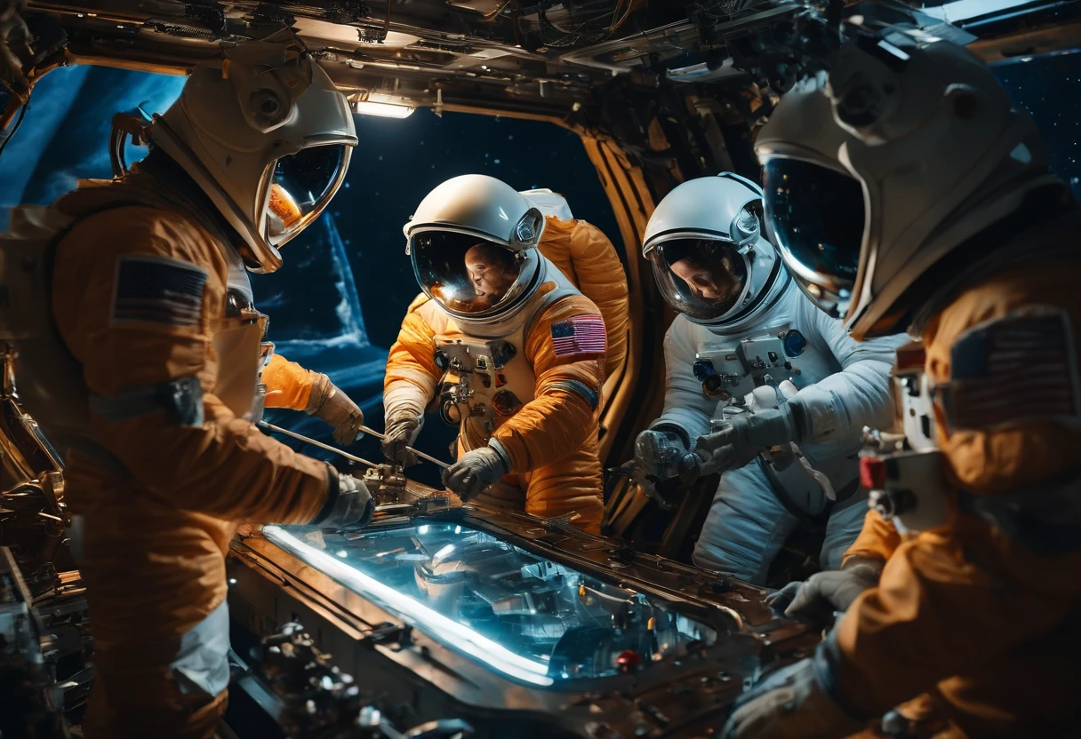 Best quality, , 超高分辨率, (Realistic photography:1.4), Many robots and astronauts are repairing a broken spacecraft in space.